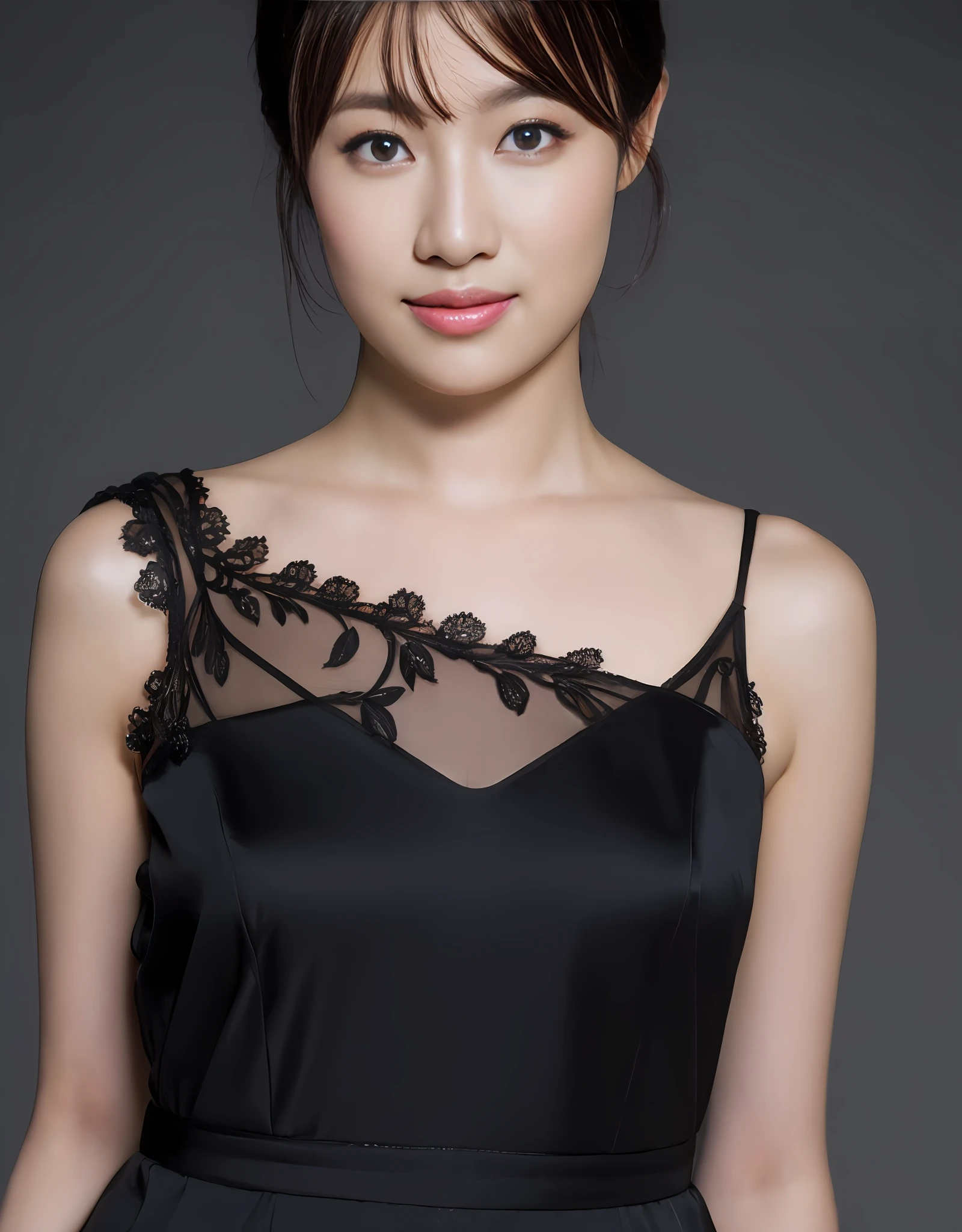 (Best quality, 8K, masterpiece:1.3)) , (one person: 1.4), 1girl, a Korean woman, a goddess, 25 years old, portrait photography, high contrast, God perspective, aperture F1.2, focal length 24mm, ( Full body: 1.2), smile, pose for photos, fine lace, slip dress, simple cut dress, brand dress, simple cut, long black hair, hair tied up, super detailed skin details, detailed fabric texture