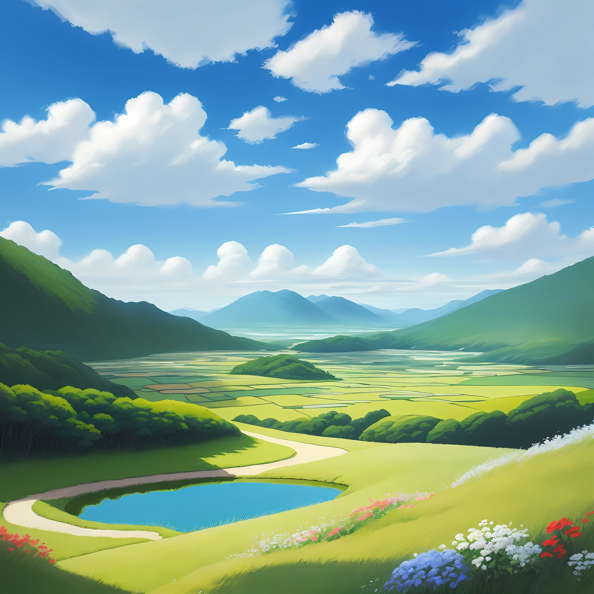 Realistic, authentic, beautiful and amazing landscape oil painting Studio Ghibli Hayao Miyazaki's petal grassland with blue sky and white clouds --v6