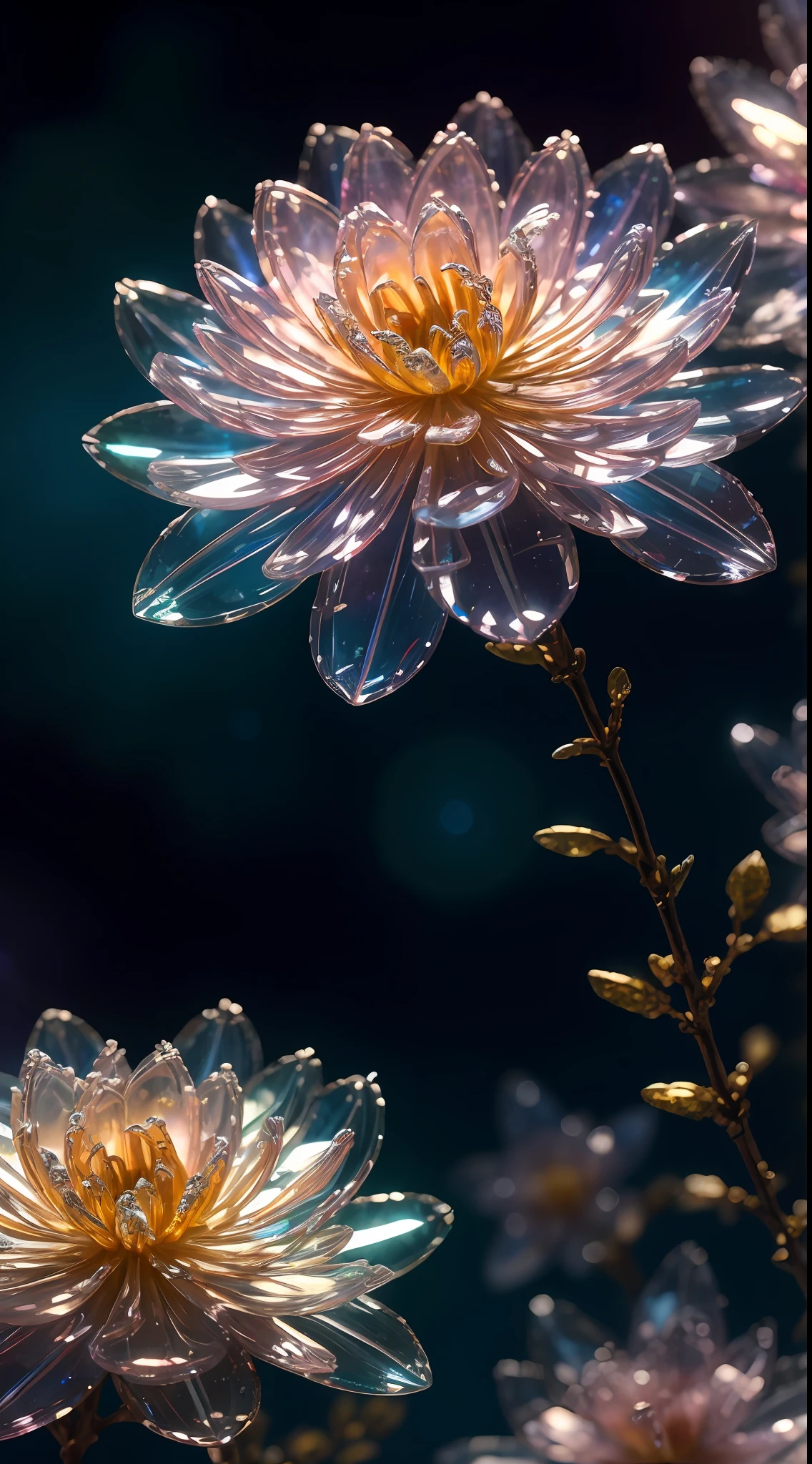 crystal spring blossom,
fantasy, galaxy, transparent, 
shimmering, sparkling, splendid, colorful, 
magical photography, dramatic lighting, photo realism, ultra-detailed, 4k, Depth of field, High-resolution