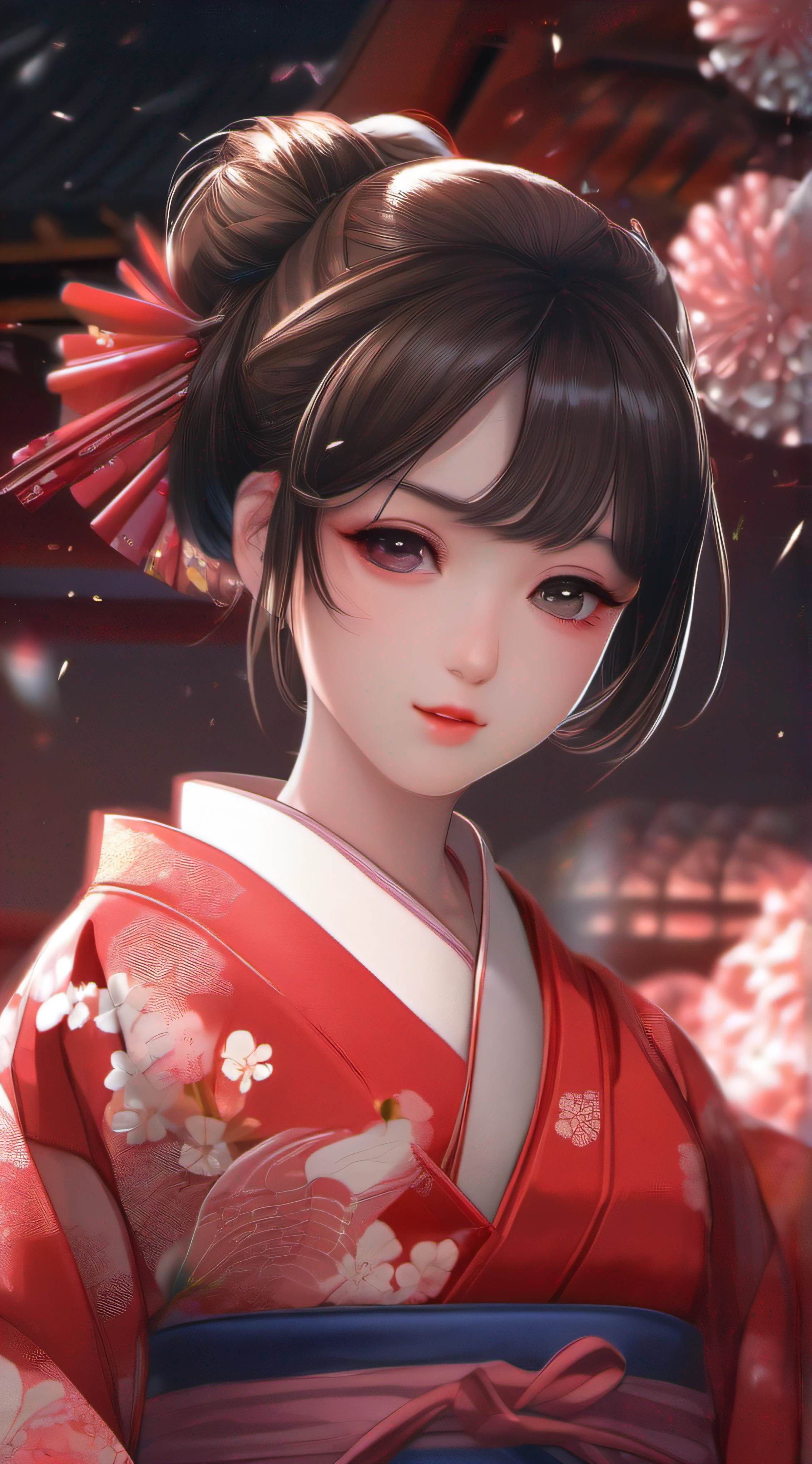 8k, RAW, highest quality, super high res, 1girl, portrait,super definition, high res, solo, beautiful girl, shining eyes, perfect eyes, beautiful Japanese girl, red floral yukata, fireworks in background, high quality