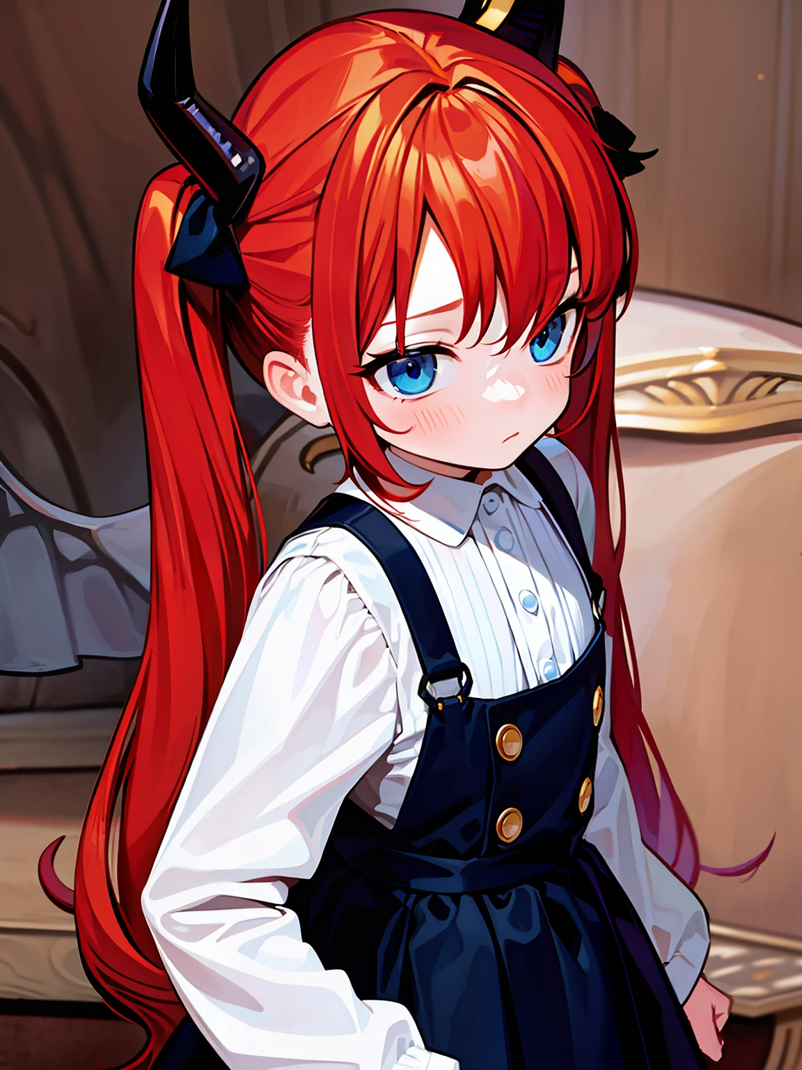 {{best quality}}, {{masterpiece}}, {{ultra-detailed}}, {illustration}, {detailed light}, red hair,blue eyes,twintails,lolita,Suspenders skirt,Fantastic,loli,solo,Dragon horns,little girl,long hair