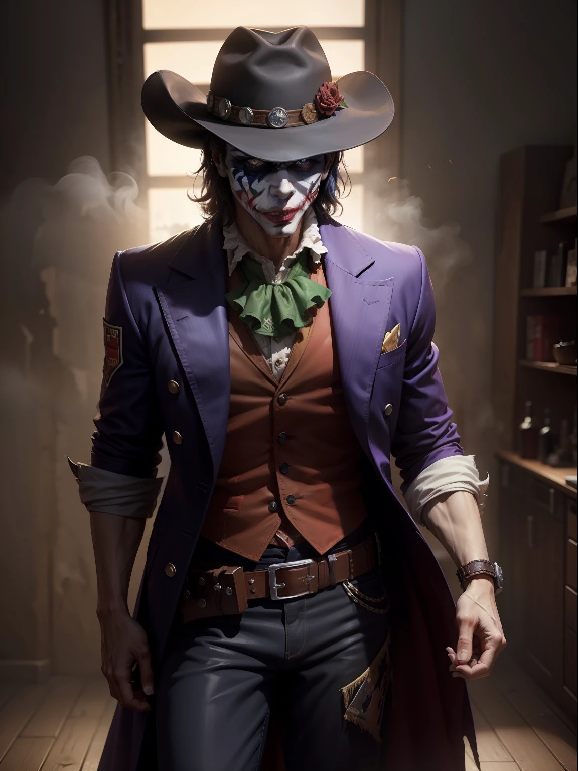 A Dramatic joker as a cowboy wearing Cowboys clothes, Cowboys hat and bring a pistol, cinematic, extreem realistic, extreem detailed, extreem Sharp, full body shot