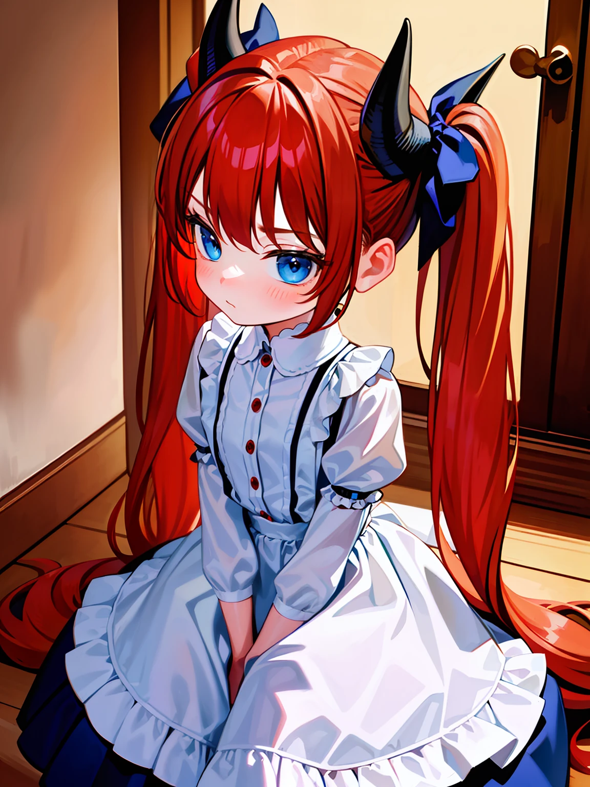 {{best quality}}, {{masterpiece}}, {{ultra-detailed}}, {illustration}, {detailed light}, red hair,blue eyes,twintails,lolita,Suspenders skirt,Fantastic,loli,solo,Dragon horns, girl,long hair