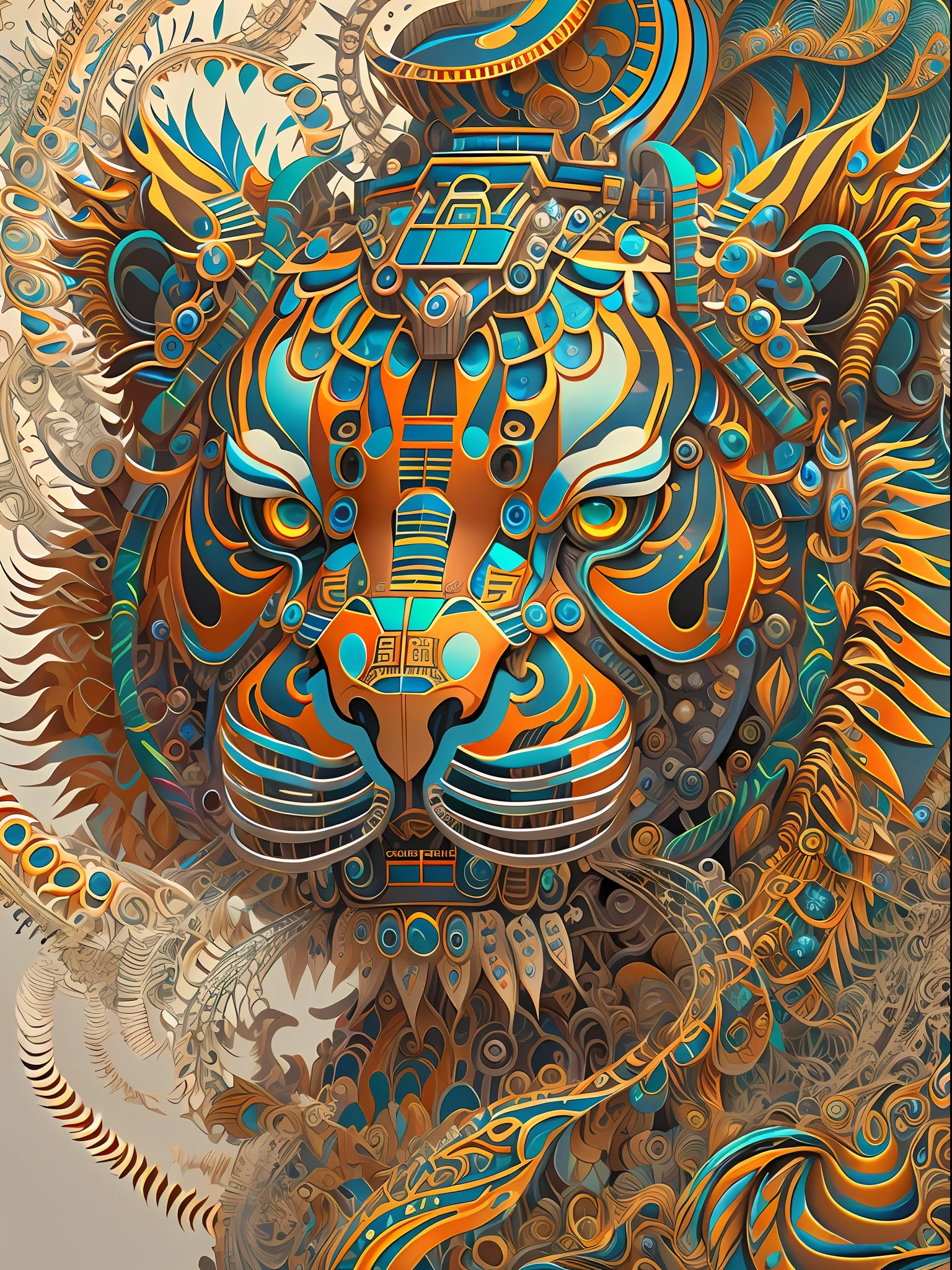 android mechnical Tiger Warrior,robot,earnst haeckel, james jean. generative art, baroque, intricate patterns, fractalism, movie still, photorealistic, vibrant Tiger feathers, intricate, elegant, highly detailed, digital painting, artstation, smooth, sharp focus, illustration, outrun, vaporware,full body shot