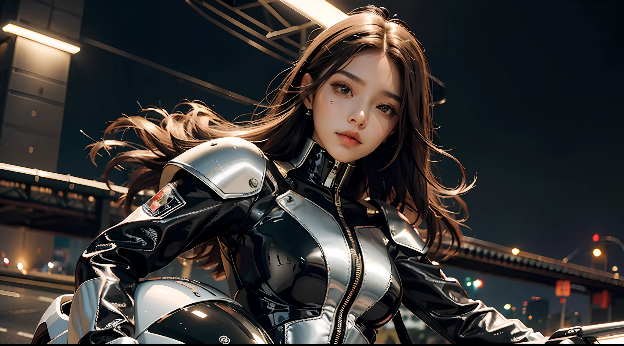A mais alta qualidade de imagem, detalhes marcantes, ultra-high-resolution, (realismo: 1.4), The best illustration, favorable details, altamente condensado 1girl, com um rosto delicado e bonito, vestido com uma mecha preta e dourada, usando um capacete mecha dourado e preto, segurando um controlador direcional, andando em uma motocicleta, the background is a high-tech lighting scene of the future city, tokio