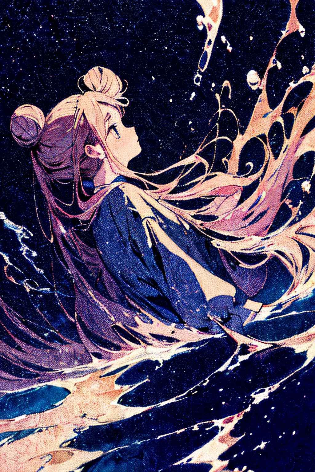 (masterpiece, top quality, best quality, beautiful and aesthetic:1.2), (1girl:1.3),( flat color:1.3), high resolution, extremely detailed, original, colorful, color splash, water, splashing, atmospheric perspective, crossed bangs, double bun, pointy hair,