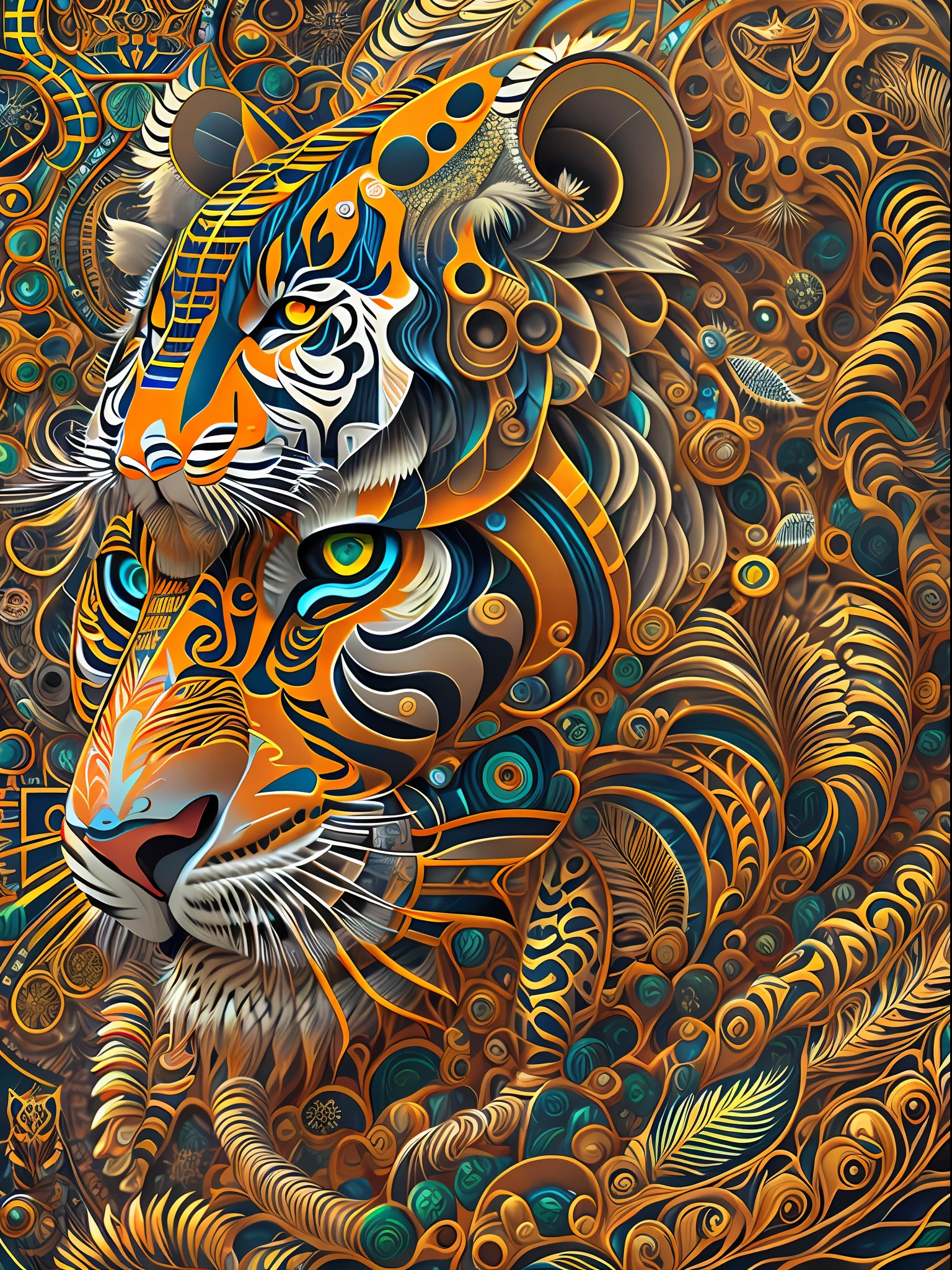 android mechnical Tiger Warrior,robot,earnst haeckel, james jean. generative art, baroque, intricate patterns, fractalism, movie still, photorealistic, vibrant Tiger feathers, intricate, elegant, highly detailed, digital painting, artstation, smooth, sharp focus, illustration, outrun, vaporware,full body shot