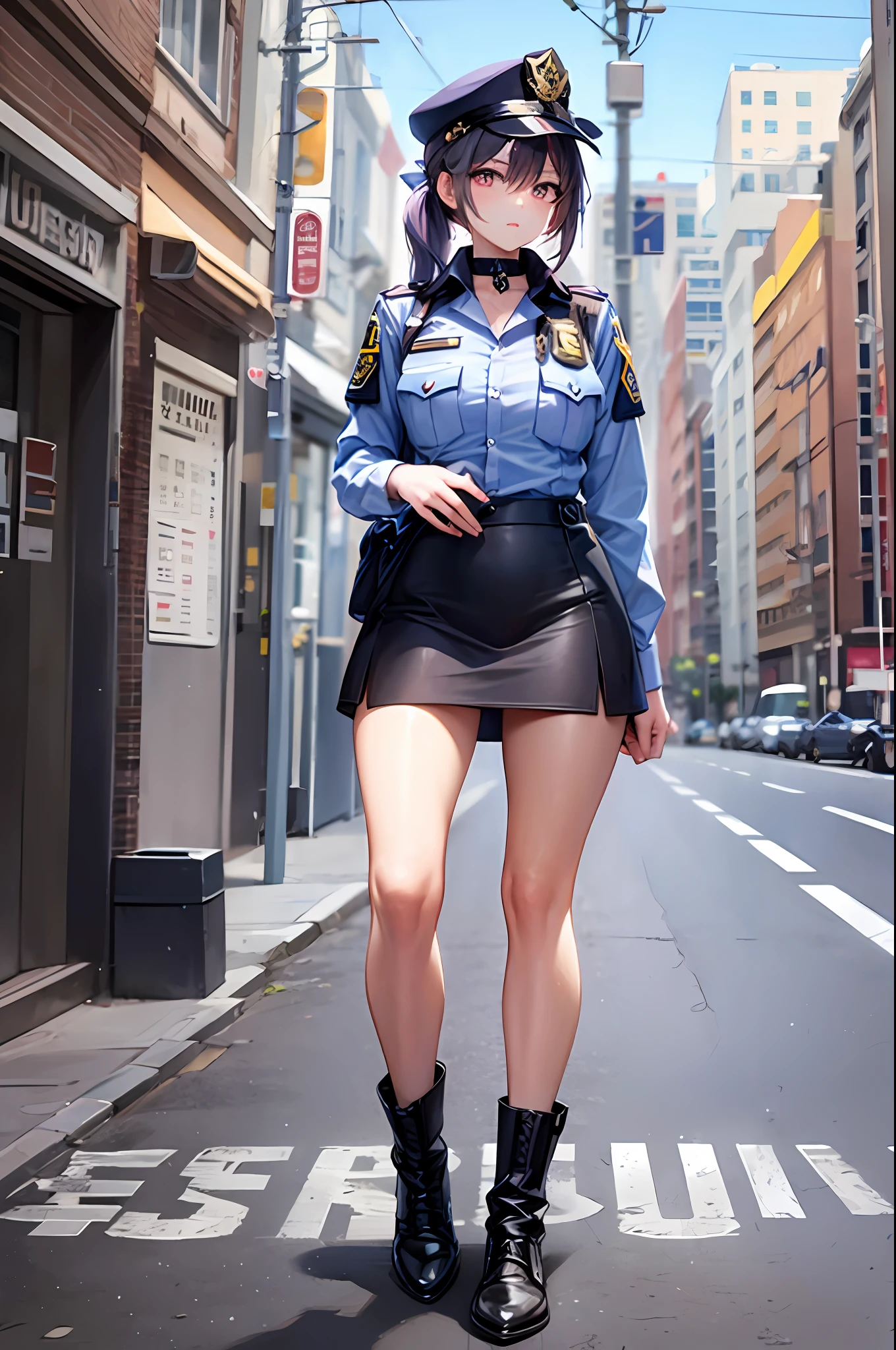 ((police uniform with))、urban backdrop、a miniskirt、