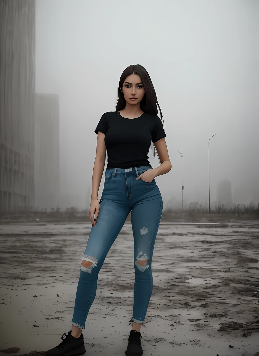realistic photo (modelshoot style), (detailed face), ((woman waifu in a cramped rusty )), sunset, oily, sweaty, dirty, ripped, post-apocalyptic, natural skin texture, 24mm, 4k textures, soft cinematic light, adobe lightroom, photolab, hdr, (full shot body:1.4), soviet union, 70s, retrofuturism, masterpiece, (photorealistic:1.4), best quality, ((old torn black round neck plain Tee-shirt, torn jeans, dirty clothes,)) beautiful lighting, ((old torn clothes, dirty))lying beaten on the ground, rain, mud, puddles, braided hairstyle, ray tracing, space background, ( very detailed background, detailed complex busy background : 1.4 ), sharp focus, volumetric fog, 8k uhd, dslr, high quality, film grain, ((depressive mood)), photorealism, lomography , at ( A sprawling soviet metropolis in a future dystopia ), view from below , translucency , (HDR:1.2), Mar, basic tee-shirt full length, in different action, standing, walking, middle eastern beautiful girl 25 years, heavy breast, toned body, toned legs, wearing white dirtful basic tee-shirt, mud stains on teeshirt front, black silky hairs with ponytail, detailed eyes, detailed nose, detailed lips, Arabic beauty