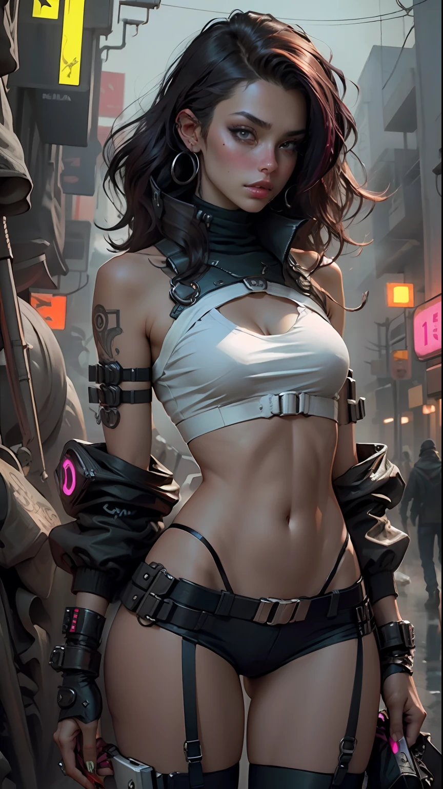 Beautiful woman medium hair , usando bone , roupas curtas estilo cyberpunk, sexy.