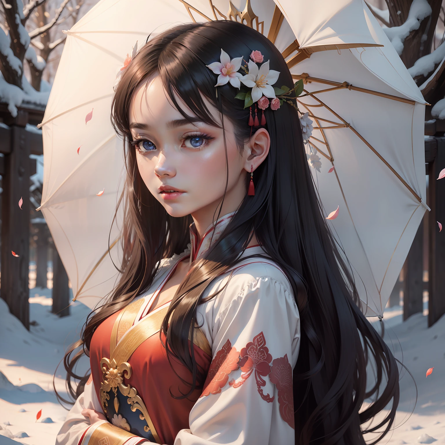 There is a woman in a red dress holding a white umbrella, traditional Chinese white umbrella, wild snow scene, a girl in Hanfu, Hanfu, European girl, European woman, Chinese style, white Hanfu, red shawl, snowing, scene distant one A peach tree in bloom, full of peach blossoms, a few villages of peach blossoms stretching from the close-up view, many peach petals floating in the air, heavy snow with goose feathers, 2 colorful butterflies flying, Chinese traditional clothes, cover photo Portrait of Du Juan, portrait photo, China Princess, red cheongsam, inspired by Tang Yifen, black-haired goddess, beautiful brunette girl, western girl, masterpiece, best picture quality, highest quality , high detail, super high resolution , 8k resolution, depth of field, Cinematography, Intricate details, Elaborate, Meticulous, Magnificent, Maximum detail, Extreme beauty, (((1girl, solo))), 18 years old, Long hair, Black hair , White skin, Realistic, Masterpiece, (best picture quality), high quality, high resolution, panorama, exquisite affective features, perfect face, glowing skin, dreamy background, women, girls, angels, mini girls, goddesses, poets , shy, surprised, shoulder-long hair, black hair with dark purple tips, sharp and clear focus, three-dimensional silhouette, correct proportions, realistic portrait, face close-up, a beautiful very moody girl, slim figure, exquisite features, hair long flowing, black hair, extremely detailed hair description, (collarbone), perfect face, clean and flawless face, long eyebrows, light pink eyeshadow, shallow dimples, blush, crystal clear watery big eyes, delicate cream Skin glowing like skin, details detailed skin, CFG scale: 8, a dreamlike atmosphere with vibrant colors and soft lighting, red hair, detailed blue eyes