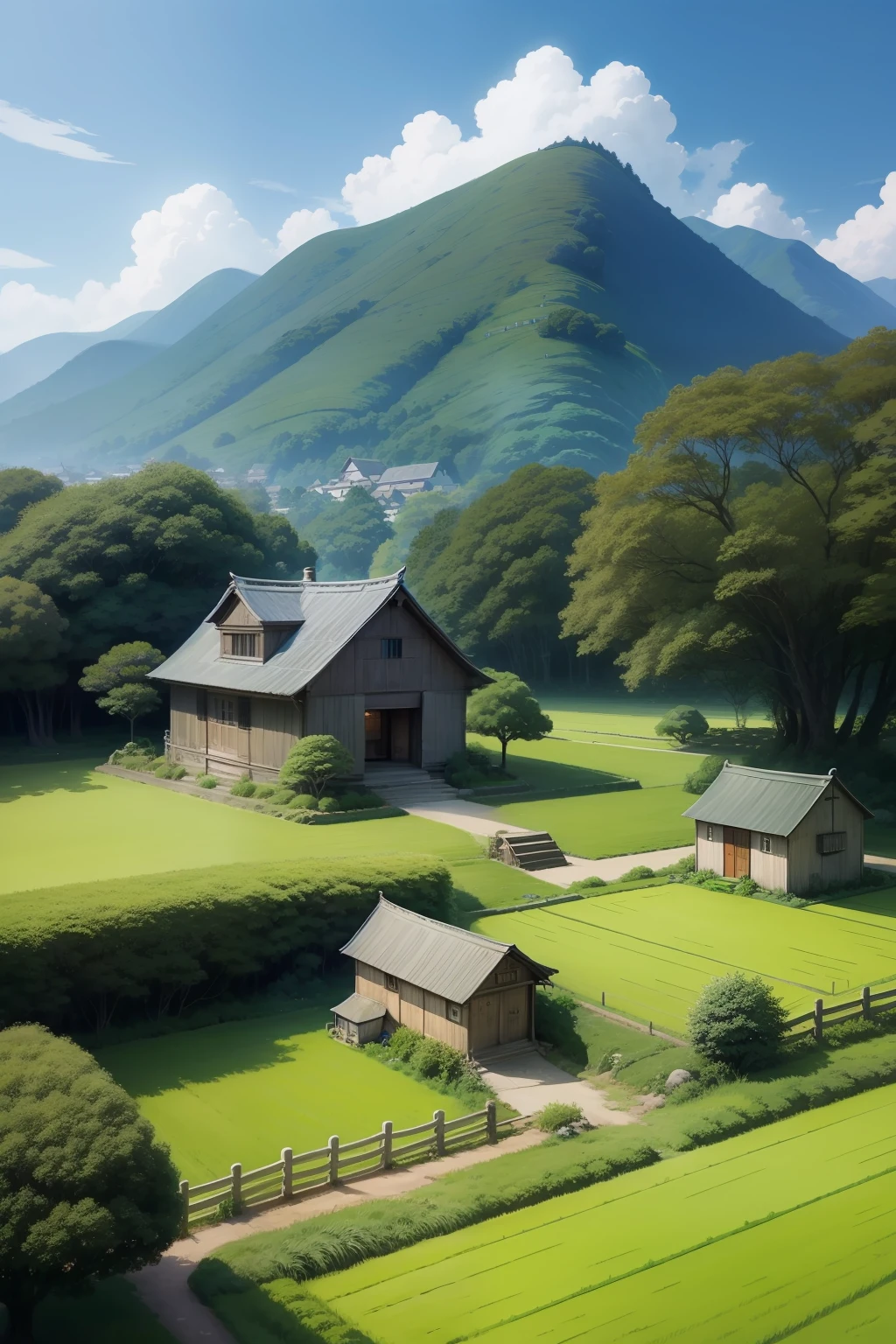 Ghibli's Worldview。An old folk house standing in a small place。There are only fields around。