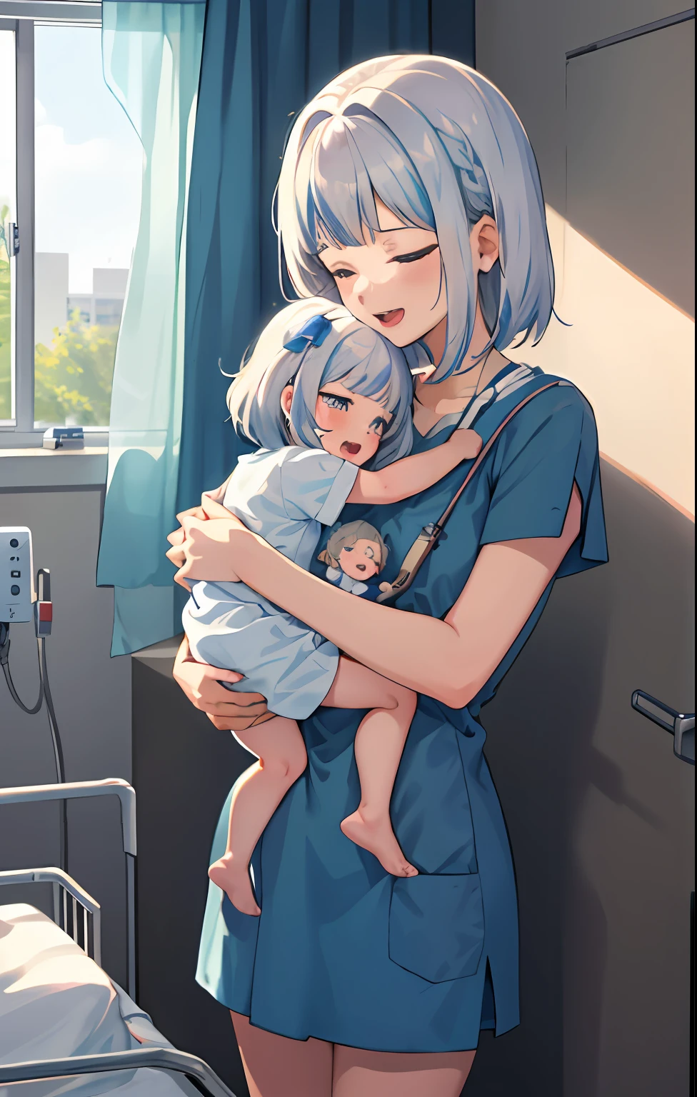 best quality, masterpiece,  
, short hair, Putih hair, bleu eyes, tachibana hibiki , energetic girl, young girl, (ite girl),
hospital bed, (hospital_gown), happy, hugging, holding infant, oyako, mother and daughter, family,  half-closed eyes, lactation, , open mouth,