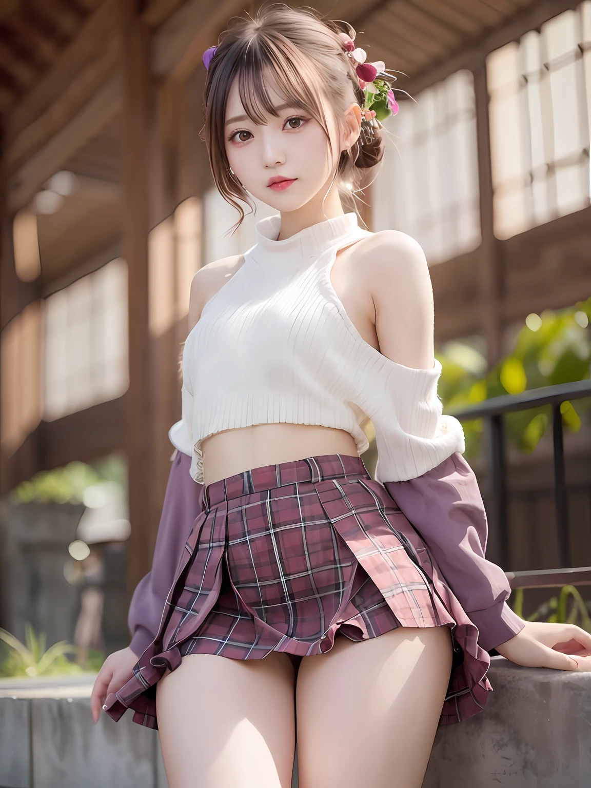 realisitic、女の子1人、white  hair、Purple eyes、radiant eyes、Parted lips、red blush、natta、florals、suns、sunlights、fullnude、a short skirt、medium lenght hair、realisitic、Warm colors、Light background color、Japan-China environment、Light color background、Saudi、mare、cute little、A sexy