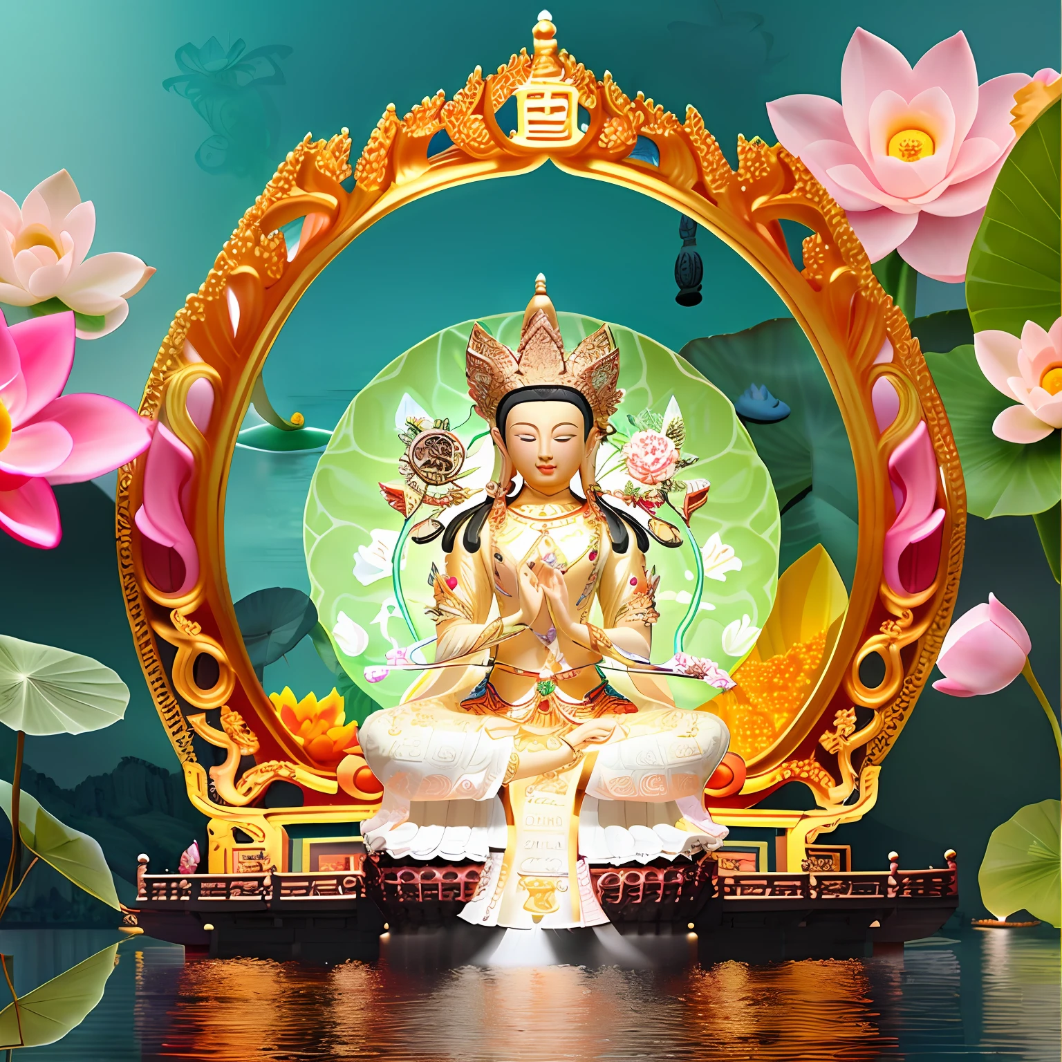 The true body of Guanyin Bodhisattva，kind，Real Human，River side，lotus flower