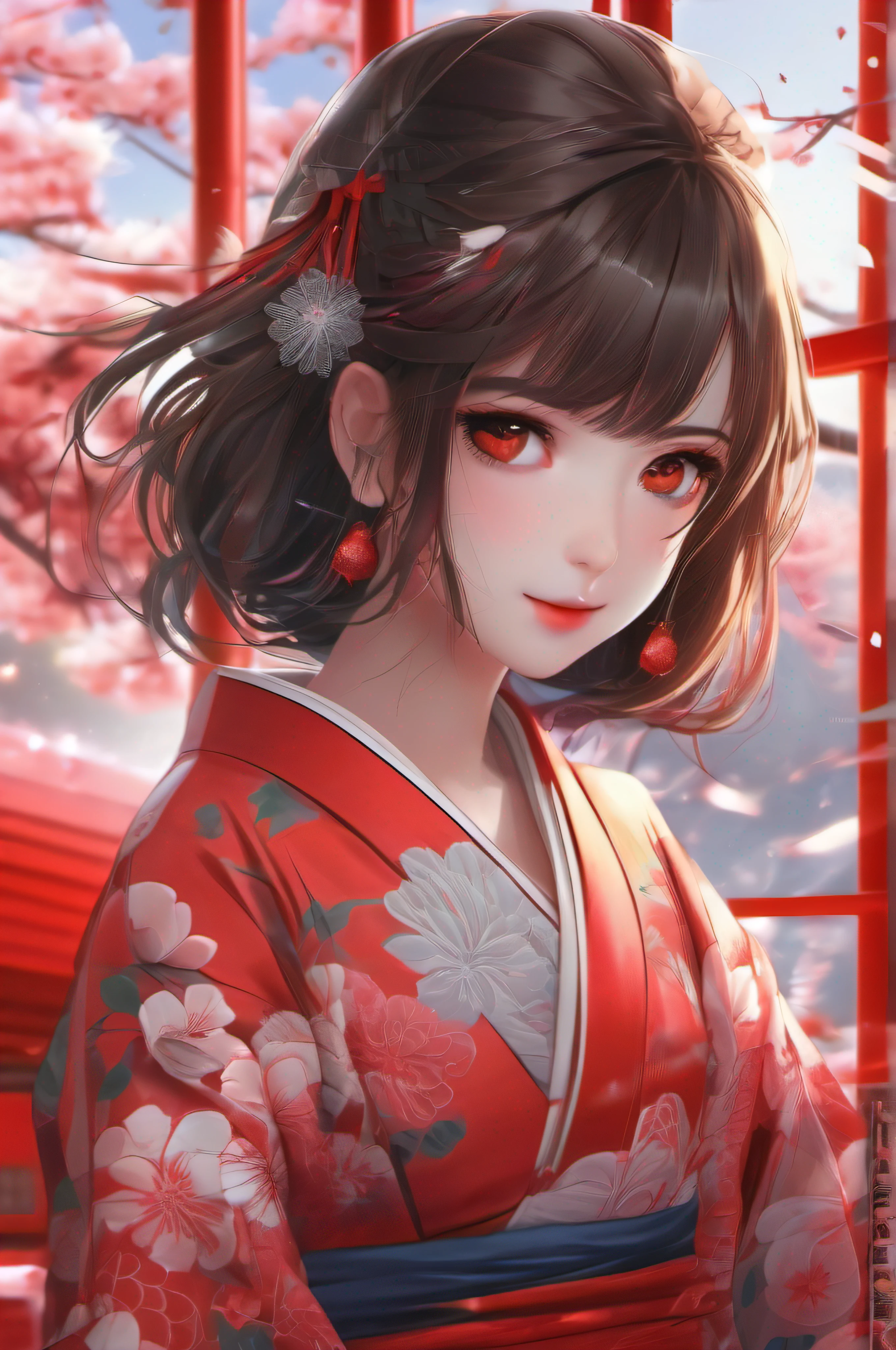 8k, RAW, highest quality, super high res, 1girl, portrait,super definition, high res, solo, beautiful girl, shining eyes, perfect eyes, beautiful Japanese girl, red floral yukata, fireworks in background, high quality