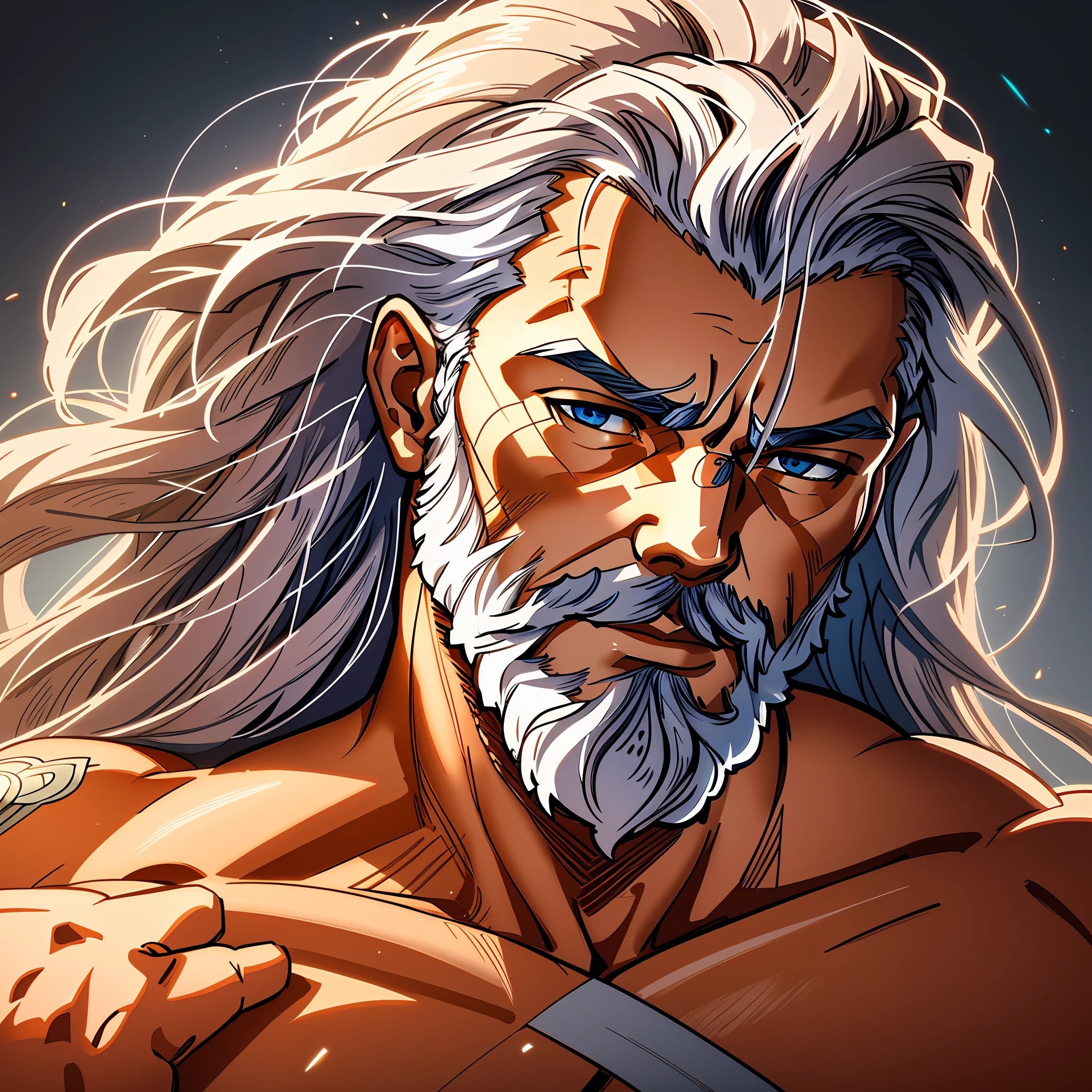 Full potrait of Rugged muscular zeus greek god of lightening, anime version,full long white hair highly intricate detailed, light and shadow effects, intricate, highly detailed, digital painting, art station, concept art, smooth, sharp focus, illustration, advanced digital anime art, atmospheric lighting, detailed face, 8 k, hq, artstation, by makoto shinkai, stanley artgerm lau, wlop, rossdraws ”