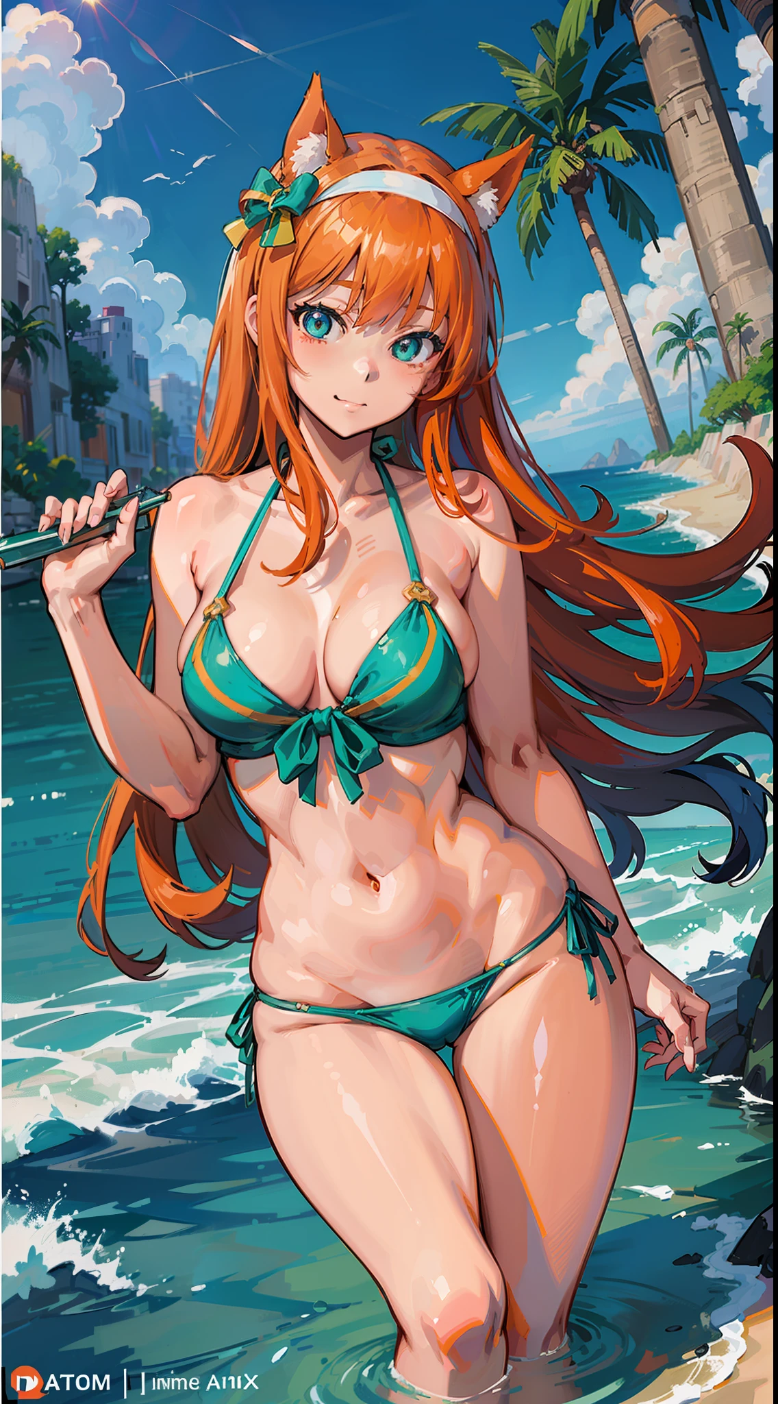 Anime girl with long orange hair、Female anime characters、long hair anime girl、Anime visuals of cute girls、A seductive anime girl、charming anime girls、an anime girl、Smooth Anime CG Art、young anime girl、Style Anime、realistic young anime girl、(an anime girl)、an animated character、From the front line of girls、 an anime girl、Too large breasts、Back position, blured background, hips up high, A sexy, a closeup,large full breasts, Pubic hair shows through, Wetty, White liquid, , top-quality, Realistic female buttocks, Colossal tits, horse ear、Panty Low Rise、Bikini anime girl with orange hair and green eyes standing in the water, Seductive Anime Girl, Very detailed ArtGerm, Trending on ArtStation pixiv,The bikini, beautiful alluring anime woman, Swimsuit, Detailed anime artwork, pixiv 3dcg, Top Rated on pixiv, attire: bikini of, small curvy , Detailed Digital Anime Art, detailed anime art、sand beach、the beach、a smile、