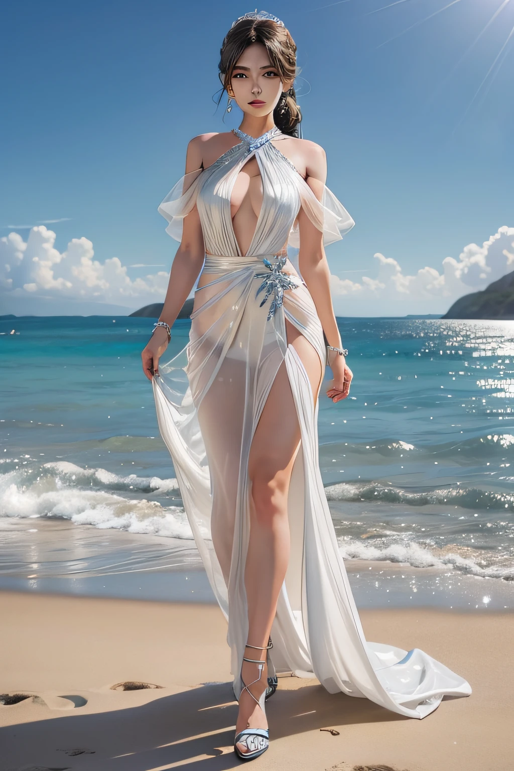Face details,4k画质,Silver halter neck low shoulder stylish evening dress,Translucent clothing,Tightens eye makeup,Diamond accessories,Diamond hair accessories,adiamondnecklace,Diamond earrings,Flashy,Smooth skin,Crystal heels,Walking on the beach,The sea breeze blows,The wind blows up the transparent tulle ribbon,sideface,Glitter clothes sequins,Sparkling,The clothes are covered with diamond accessories