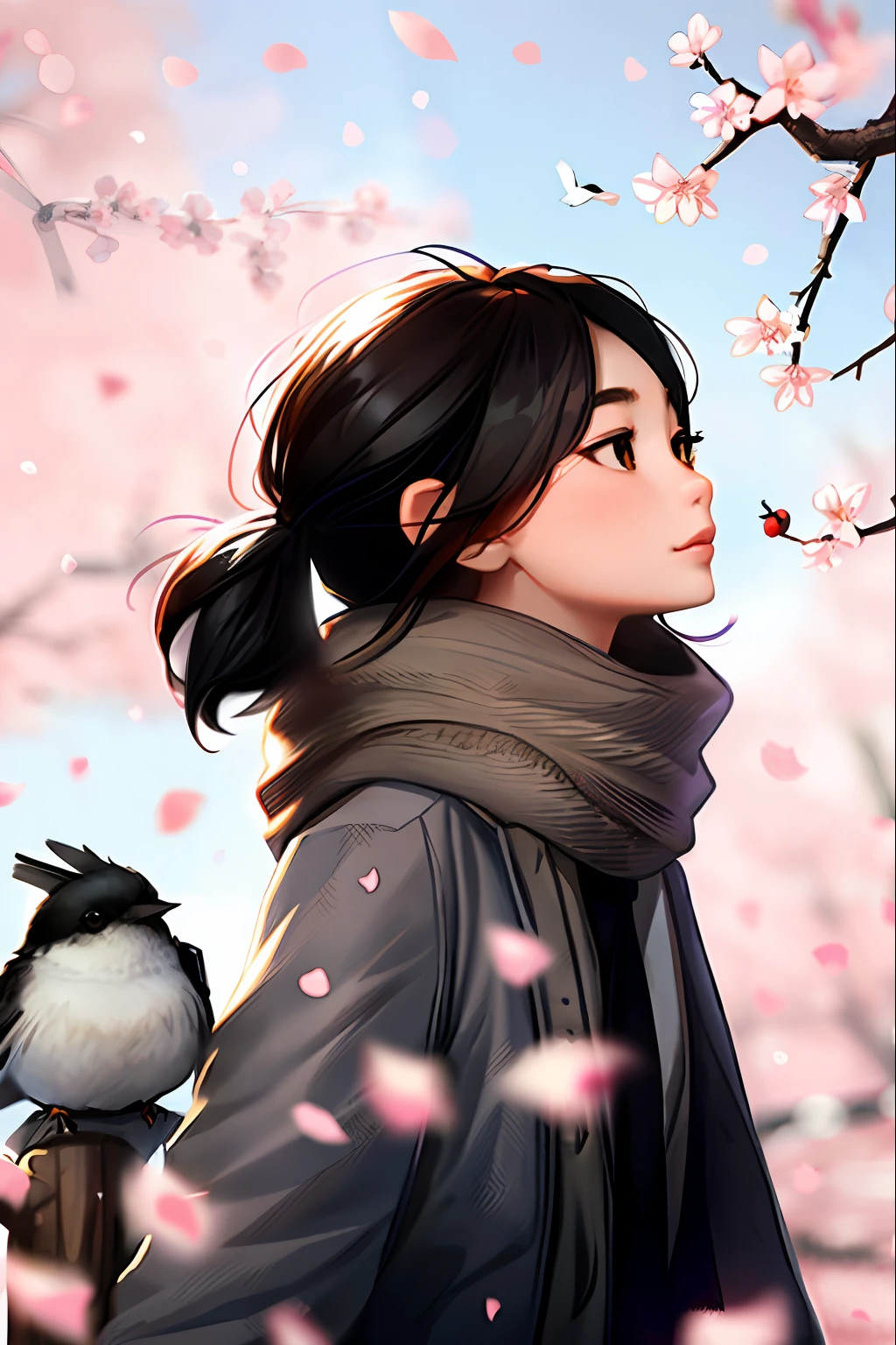 sam yang,
1girl, bird, black eyes, black hair, blurry, blurry background, cherry blossoms, lips, long-tailed tit, looking up, medium hair, profile, scarf, solo, tit (bird)
, ((masterpiece))