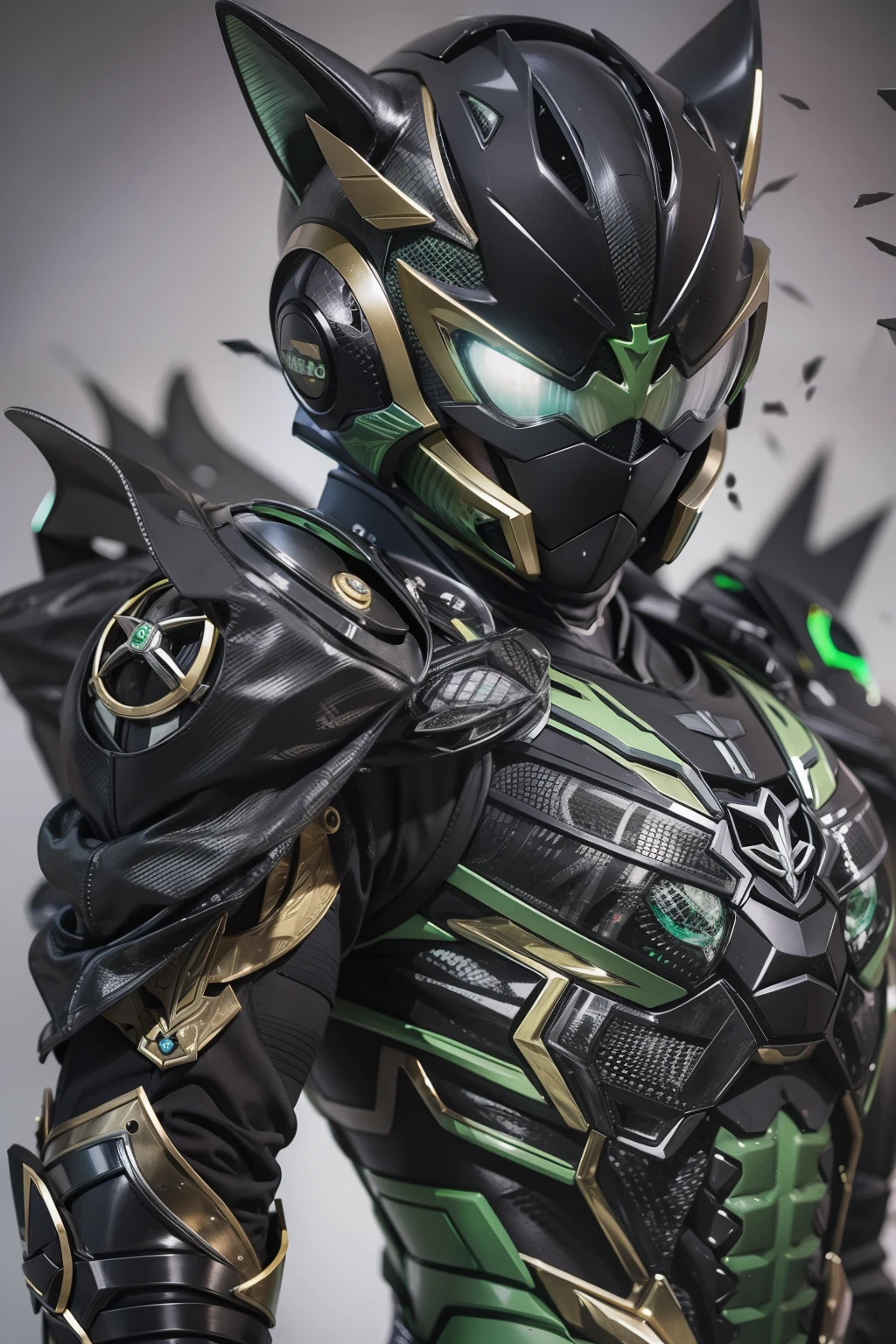 um kamen rider preto com o tema de jaguar e olhos verdes brilhantes