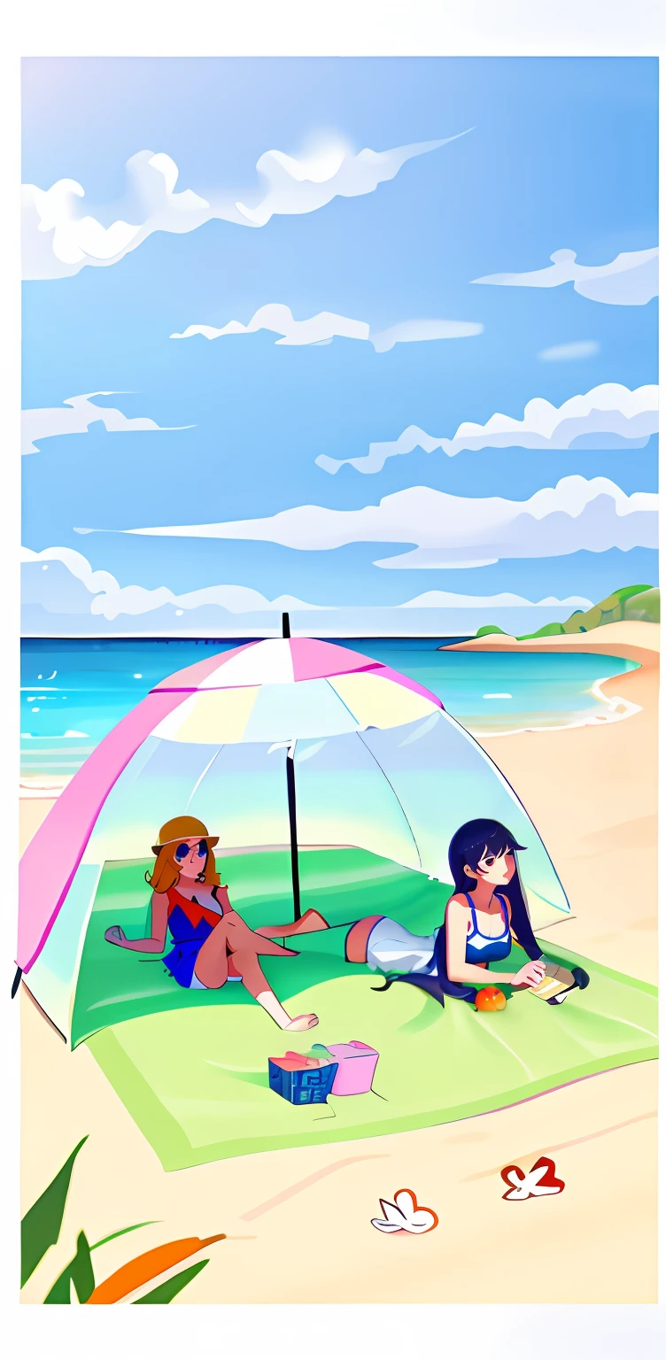 Two girls lying on the beach，ichi-up，One down，Beach with umbrellas and fruits, On a sunny beach,