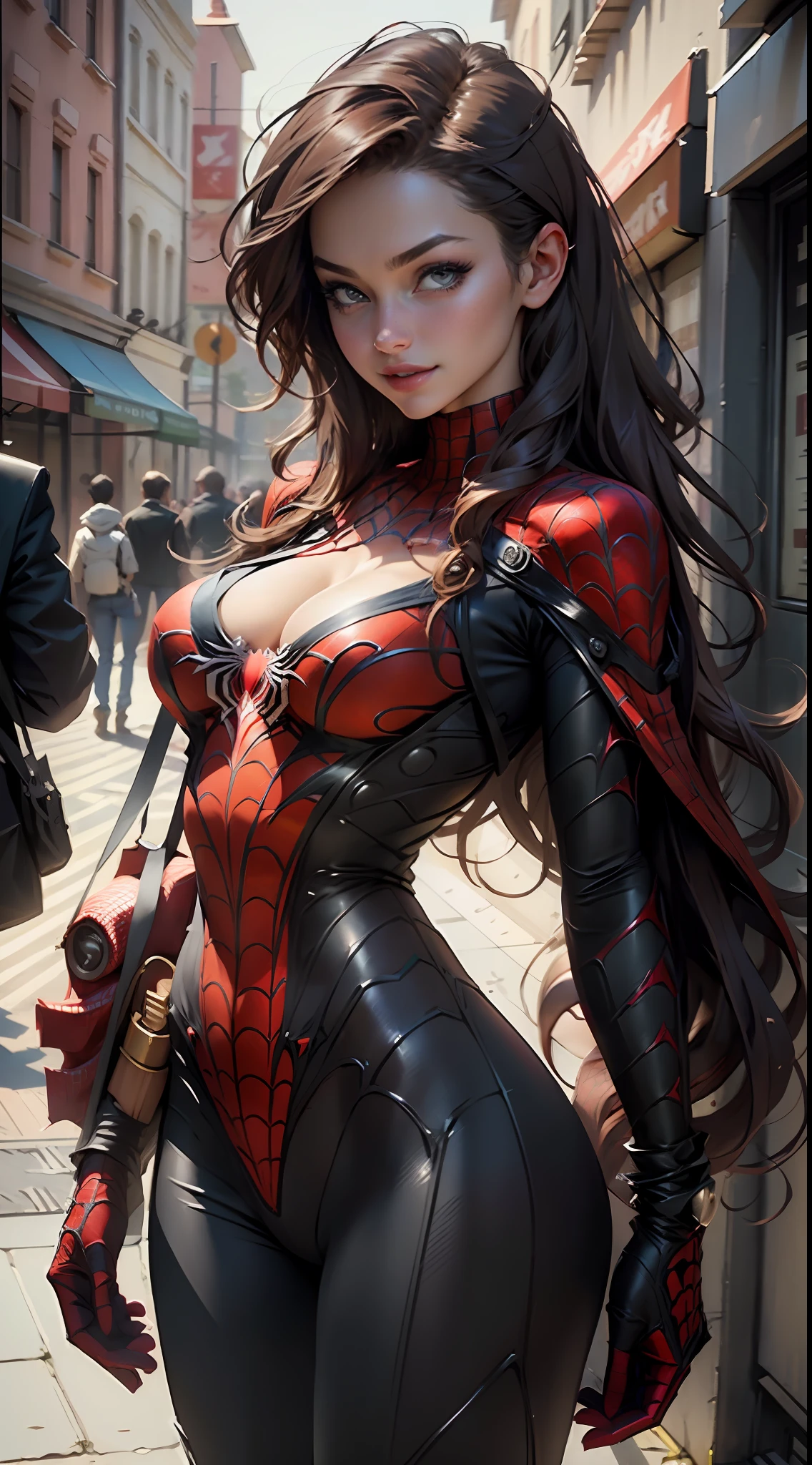 Beautiful woman detailed defined body using spider man cosplay,little breast,cleavage,ssmile,Off-the-shoulder attire