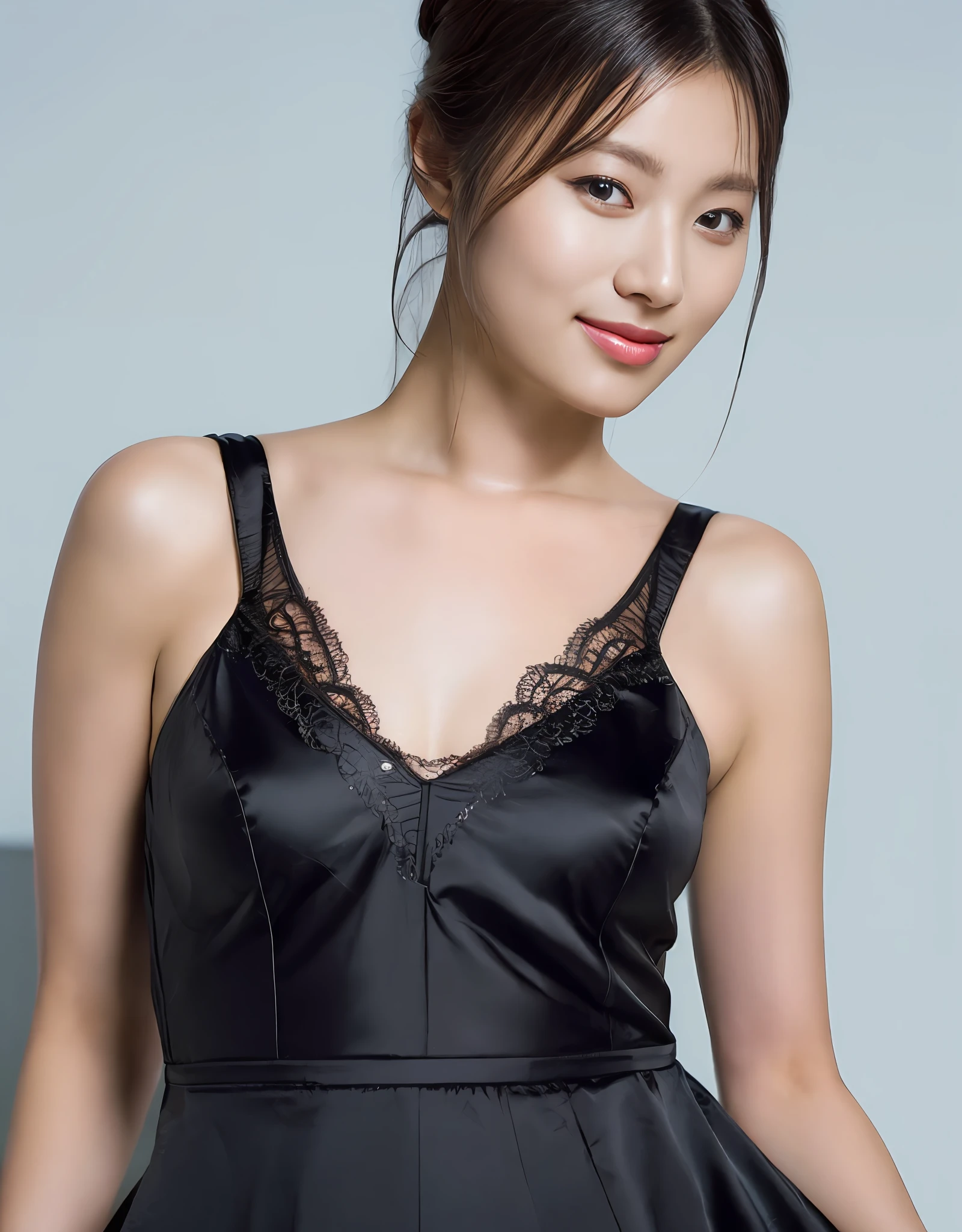 (Best quality, 8K, masterpiece:1.3)) , (one person: 1.4), 1girl, a Korean woman, a goddess, 25 years old, portrait photography, high contrast, God perspective, aperture F1.2, focal length 24mm, ( Full body: 1.2), smile, pose for photos, fine lace, slip dress, simple cut dress, brand dress, simple cut, long black hair, hair tied up, super detailed skin details, detailed fabric texture