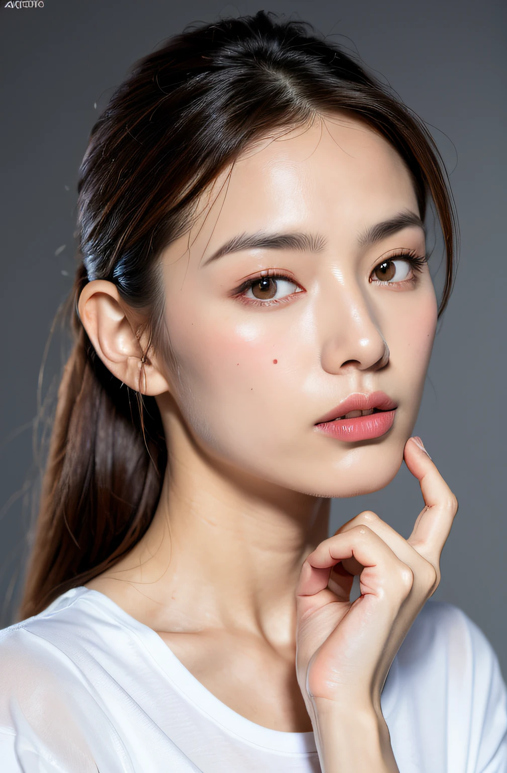 ( (8K:1.27), Best Quality, Masterpiece, Ultra High Resolution:1.2) Photo Beautiful Chinese Woman (Beauty:1.1) (T-shirt:1.21) Gregg Rutkowski and Alphonse Mucha design intricate elegance, fantasy, detail, geometry, gradient lighting, 1girl, delicate skin, looking at the viewer, brown eyes, (high ponytail: 1.2), (medium breast: 1.0), (Medium areola: 0.8), (Realistic: 1.4), (Best Quality: 1.0), (Ultra High Resolution: 1.0), 8K, RAW Photo, (Masterpiece: 0.2), (pureerosface_v1: 0.5), Hide fingers