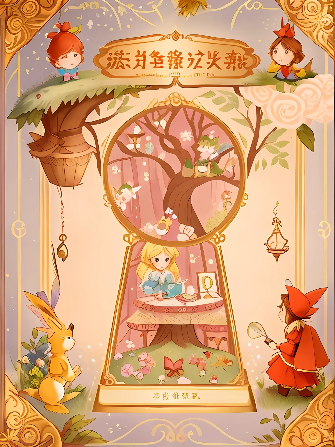 Fairy tale book cover、alice in the wonderland、style of disney animation、Tree holes、Alice falls into a tree hole、ln the forest、table light、mirrors、playingcards、bookshelves、key、The gateway to dreams、