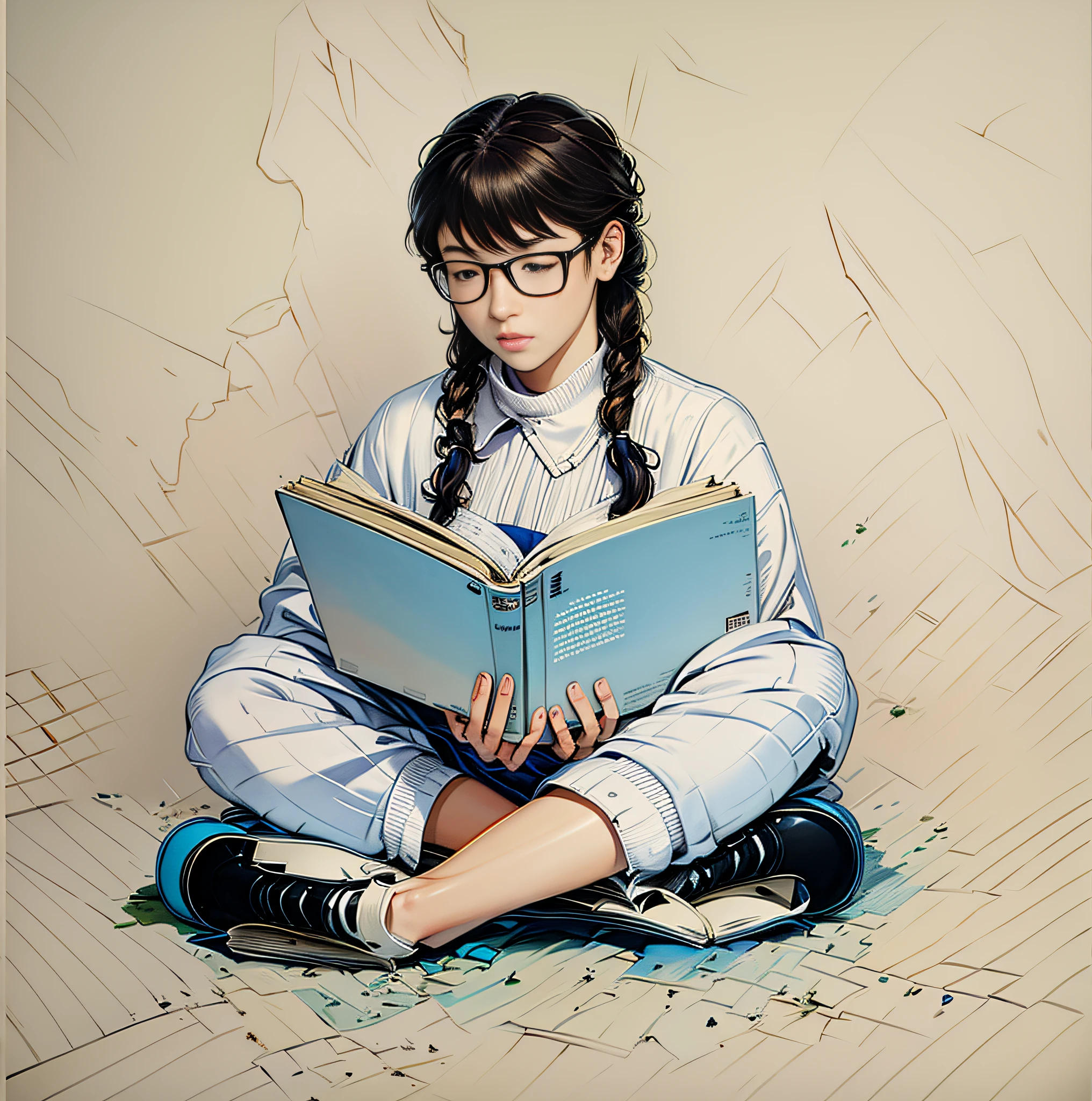 Girl sitting on the floor reading a book，Depth of field, Best quality, Super detail，Masterpiece，Manhwa Style，illustrated，Line art，aquarelle ，Realistic，Oil painting，comic poster，shinkawa youji