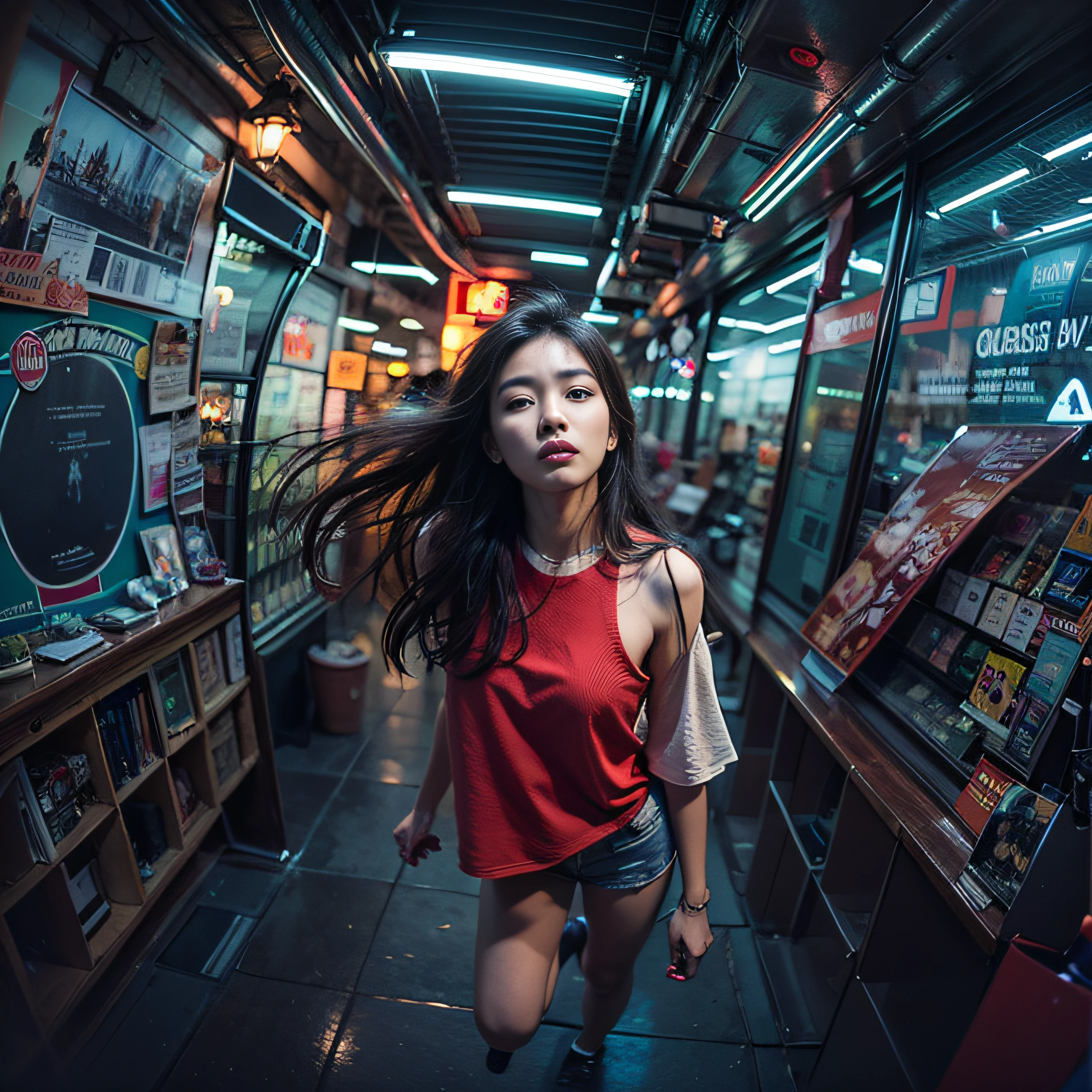 8K, RAW Photos, top-quality, masterpiece: 1.2),fish-eye lens、(((Wide View)))、looking down、fish-eye lens、Reach out and jump pose、Hair disheveled in the wind、fully body photo、Red or orange neon、Cyberpunk movies、Raw photo of beautiful Korean 20 year old woman、Half Face、deep in the night、darkened room、hightquality、More skin、Lustrous skin、clearface、cinema shot、nffsw、foco nítido