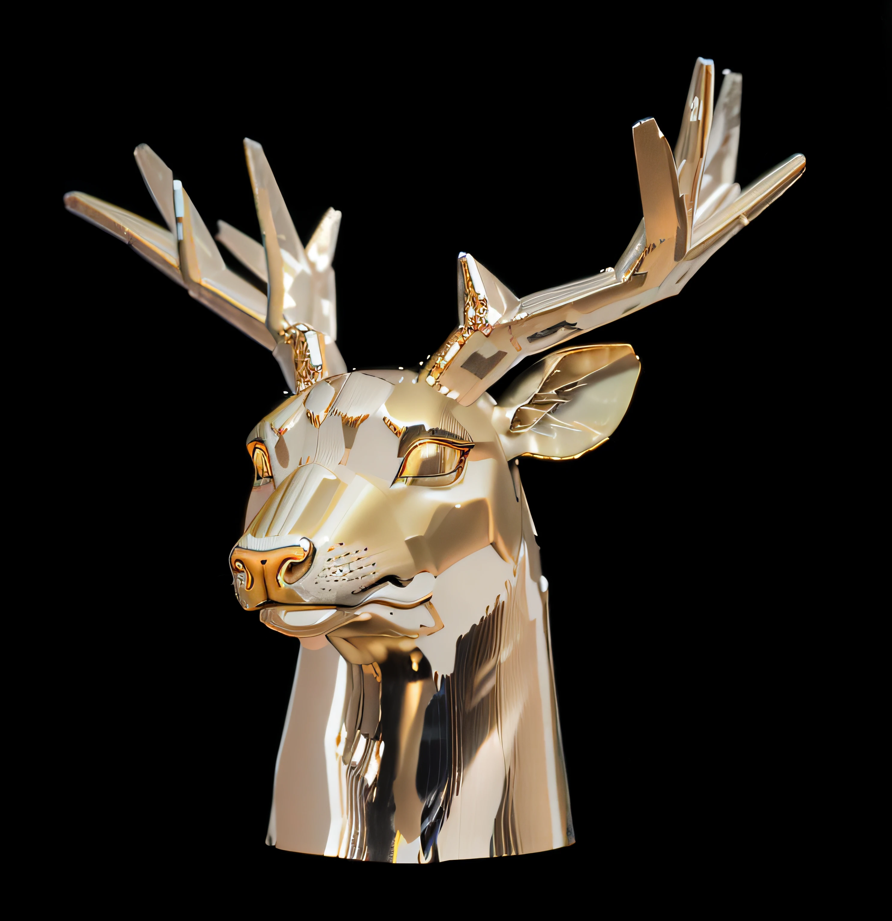 Heavy golden deer head on black background, Thick and metallic luster, Animal-style heads, extremely detailed frontal angle, commerciaphotography,-h 1024
