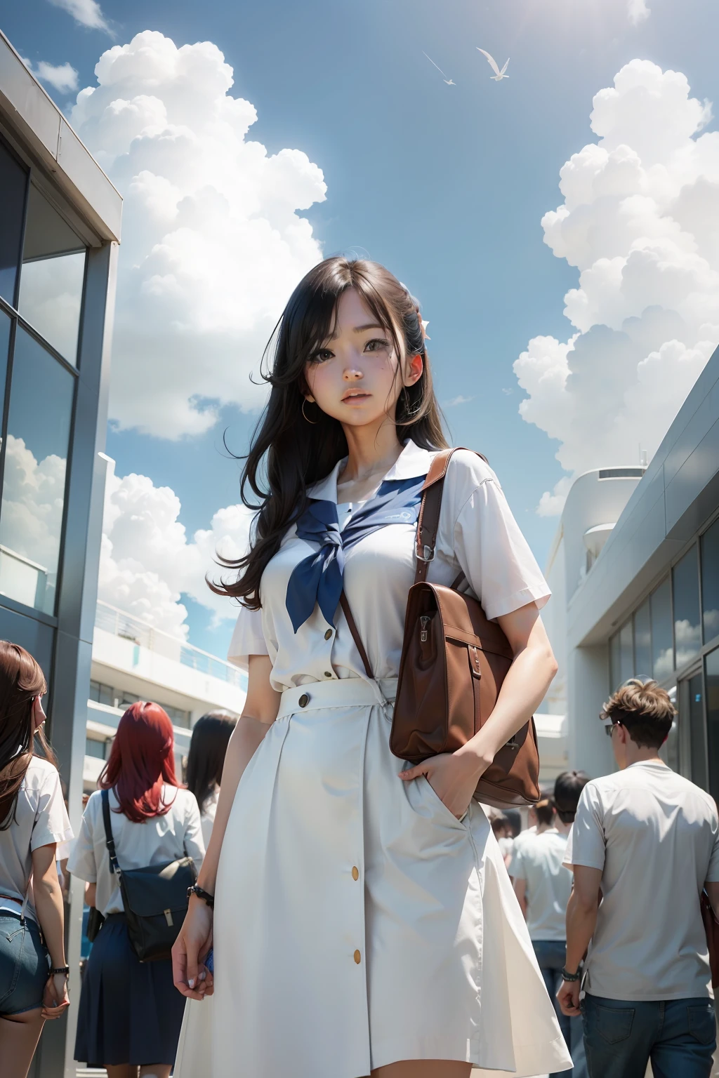 A female college student and a group of people under a big cruise,Blue sky and white clouds than column 1:2, style of anime,