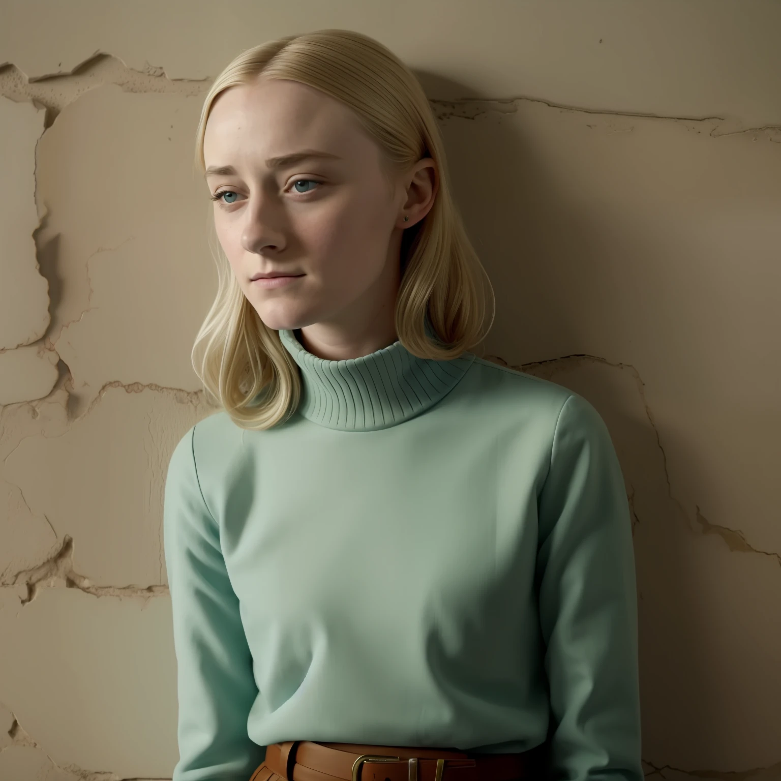 arafed woman in front of a wall, saoirse ronan, screenshot from a movie, emma, wes anderson film screenshot, movie screen shot, in style of britt marling, very realistic film still, moody : : wes anderson, pale fair skin!!, britt marling style 3/4, britt marling style 3 / 4