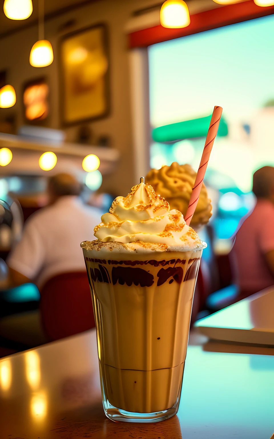 POV photo of an amazing cappuccino milkshake with chocolate syrup. busy retro diner interior background, people in background, kodak vision 3