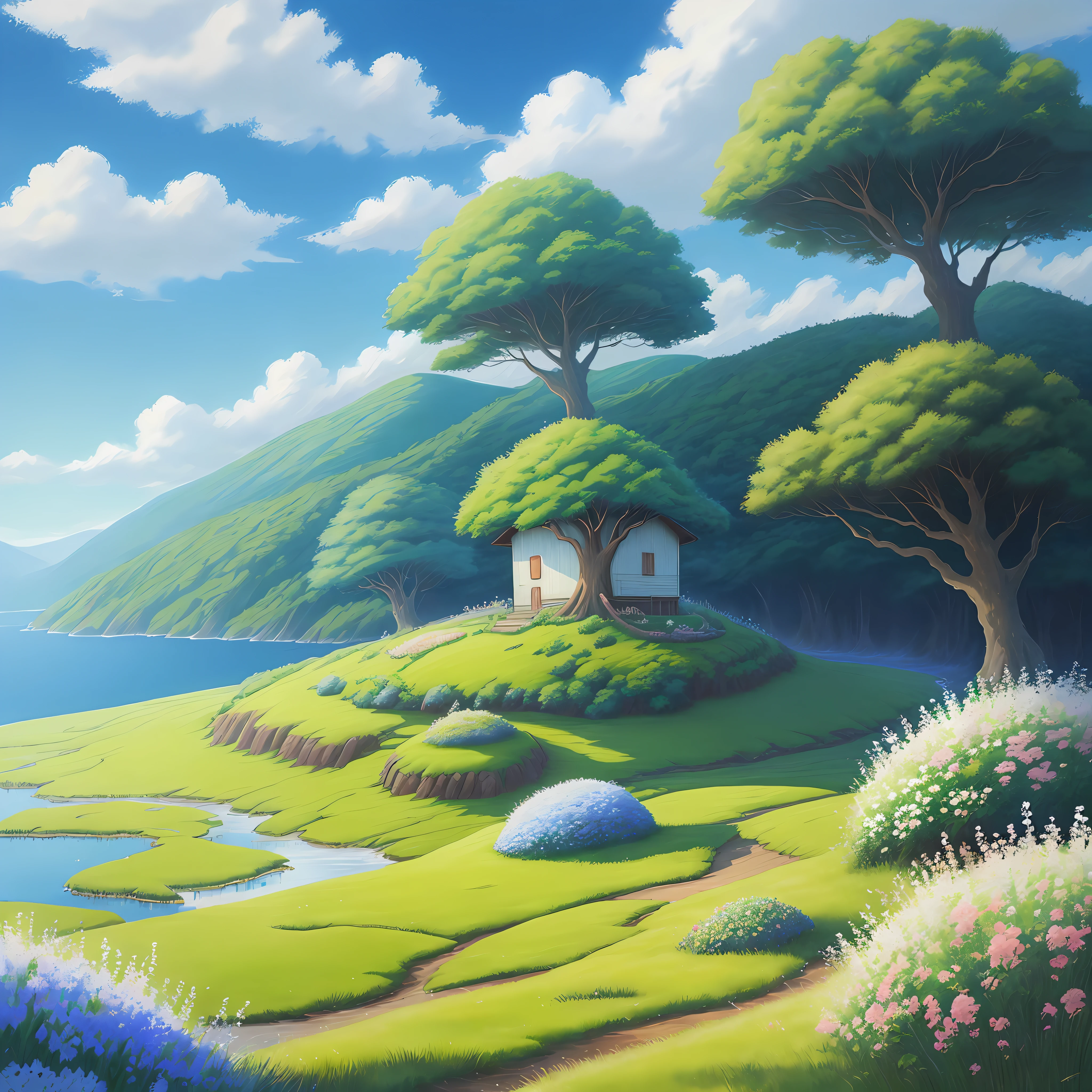 Realistic, authentic, beautiful and amazing landscape oil painting Studio Ghibli Hayao Miyazaki's petal grassland with blue sky and white clouds --v6