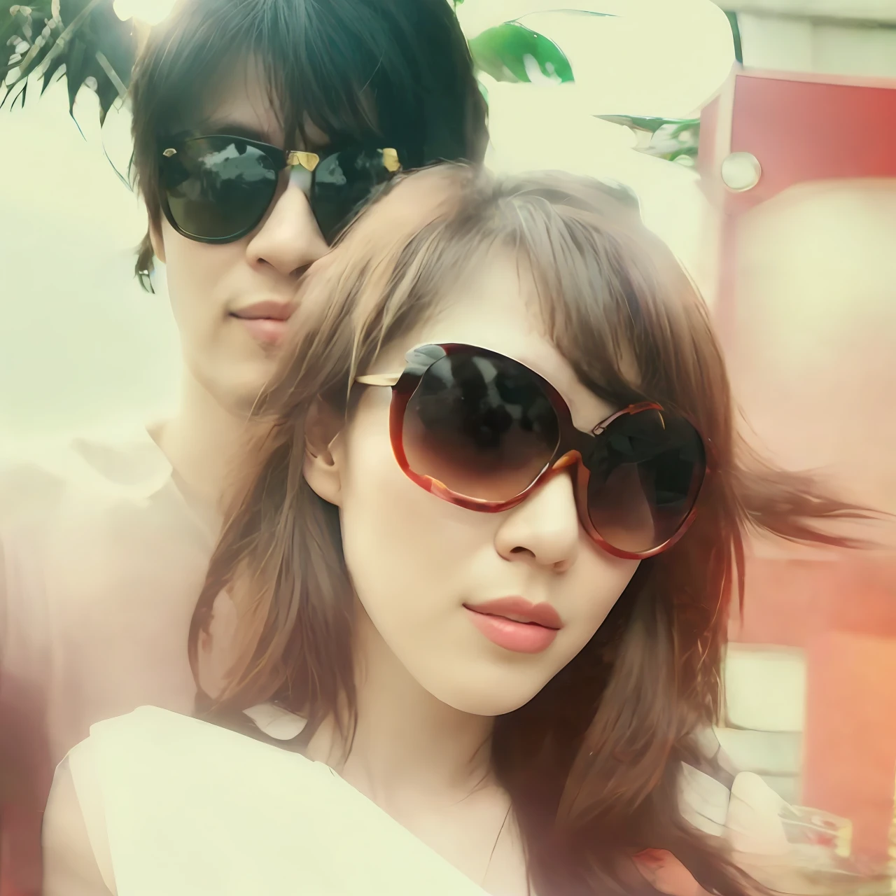 there are two people that are posing for a picture together, with sunglass, with her long, cute couple, in love selfie, couple pose, wears sunglasses, With sunglasses, couple, leaked photo, sun glasses, dang my linh, personal profile picture, By :5 sexy: 7, ulzzangs, high quality upload, ruan jia and brom