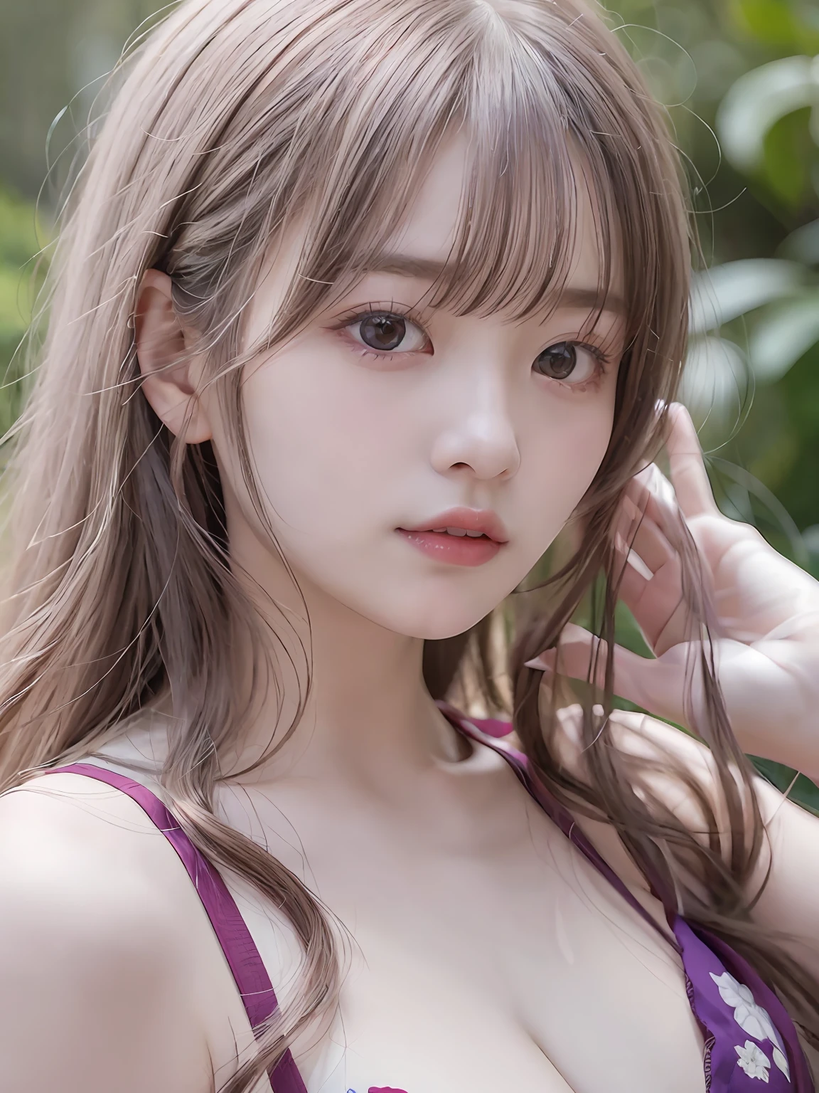 realisitic、女の子1人、white hair、Purple eyes、radiant eyes、Parted lips、red blush、natta、florals、suns、sunlights、fullnude、medium lenght hair、realisitic、Warm colors、Light background color、Japan-China environment、Light color background、Saudi、mare、cute little、A sexy