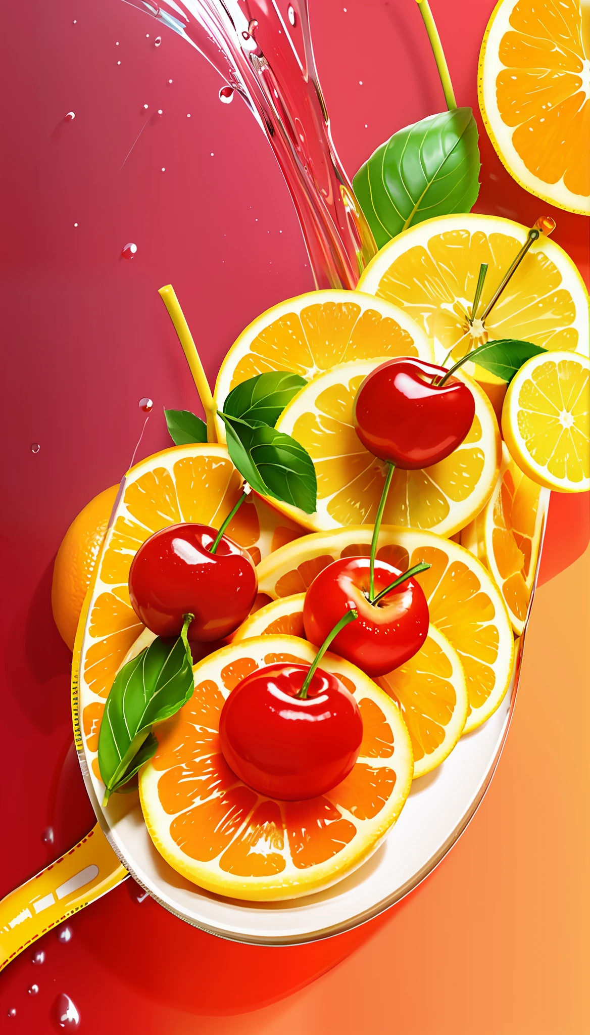 Close up of fruit splashed on bananas and oranges, colorful hd picure, cherry explosion, 4 k hd wallpapear, cherries, Amazing wallpapers, Fruits, wallpaper hd, wallpaper mobile, personal profile picture, wallpaper - 1 0 2 4, author:Cherry fountain, berries dripping juice, digital art picture, Inspired by the cherry fountain, wallpaper hd