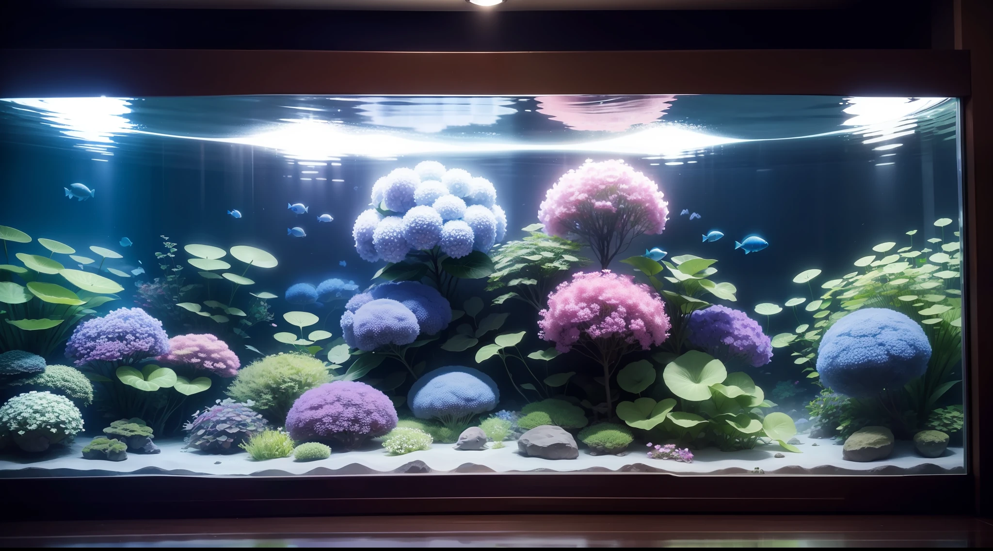 Giant aquarium in an aquarium、Multiple hydrangeas in the aquarium、top-quality、8K、masterpiece、a picture、Photorealsitic、Raw photography、top-quality、high-detail、真实感、photos realistic、Professional color correction