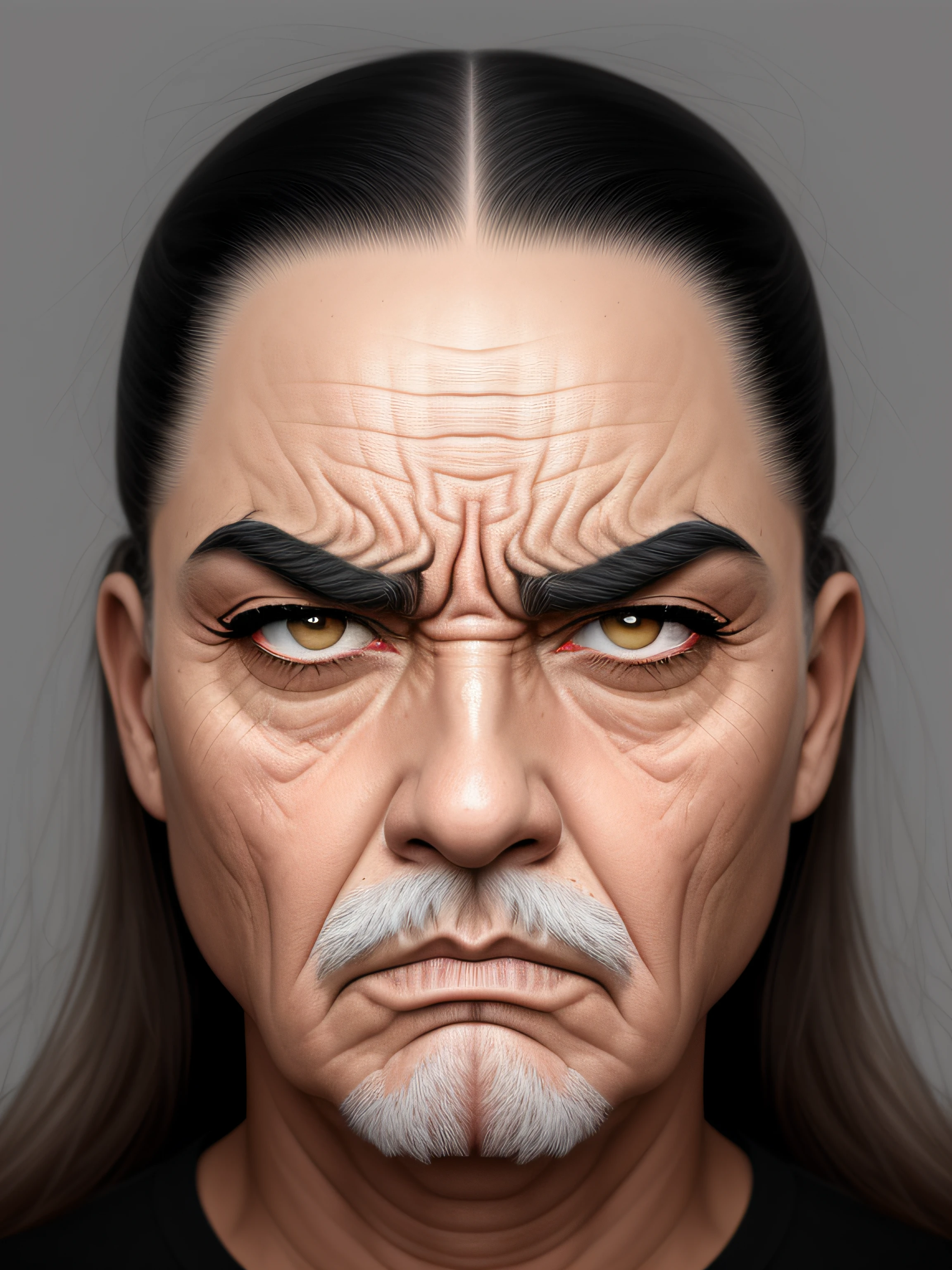 imagem arrogante de um homem com uma cara muito grande no rosto, Perfect eyelashes, cabelos grisalhos, face severa, stern expression, angry expression, mal-humorado [ velho ], angry facial expression, angry looking at camera, cara de raiva, homem zangado, very angry expression, arte digital muito realista, olhar irritado, cara de zangada, parecendo irritado, Scowling, olhar severo, pintura digital ultra realista