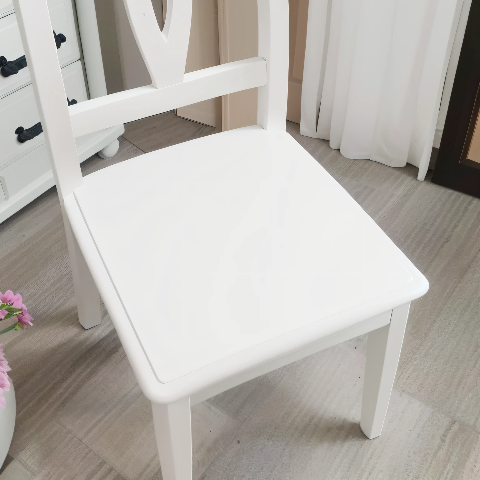 There is a white chair，White seats by the window, single chair, white furniture, wooden chair, full subject shown in photo, wood carved chair, photoreal render, white colors,Realistic lighting， high-resolution details, detailed zoom photo, white kitchen table, product introduction photos, chair, white finish
