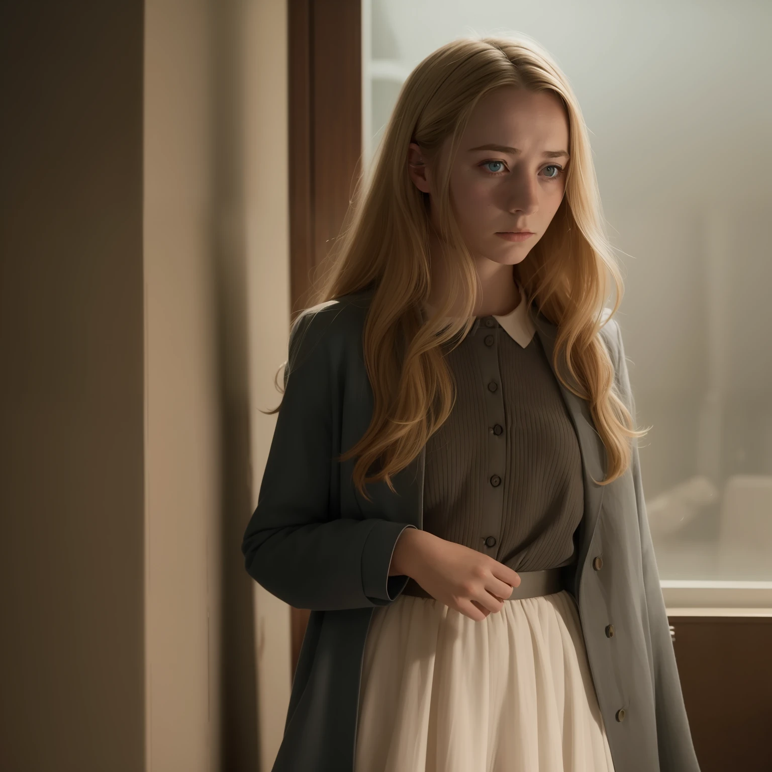 arafed woman in front of a wall, saoirse ronan, screenshot from a movie, emma, wes anderson film screenshot, movie screen shot, in style of britt marling, very realistic film still, moody : : wes anderson, pale fair skin!!, britt marling style 3/4, britt marling style 3 / 4