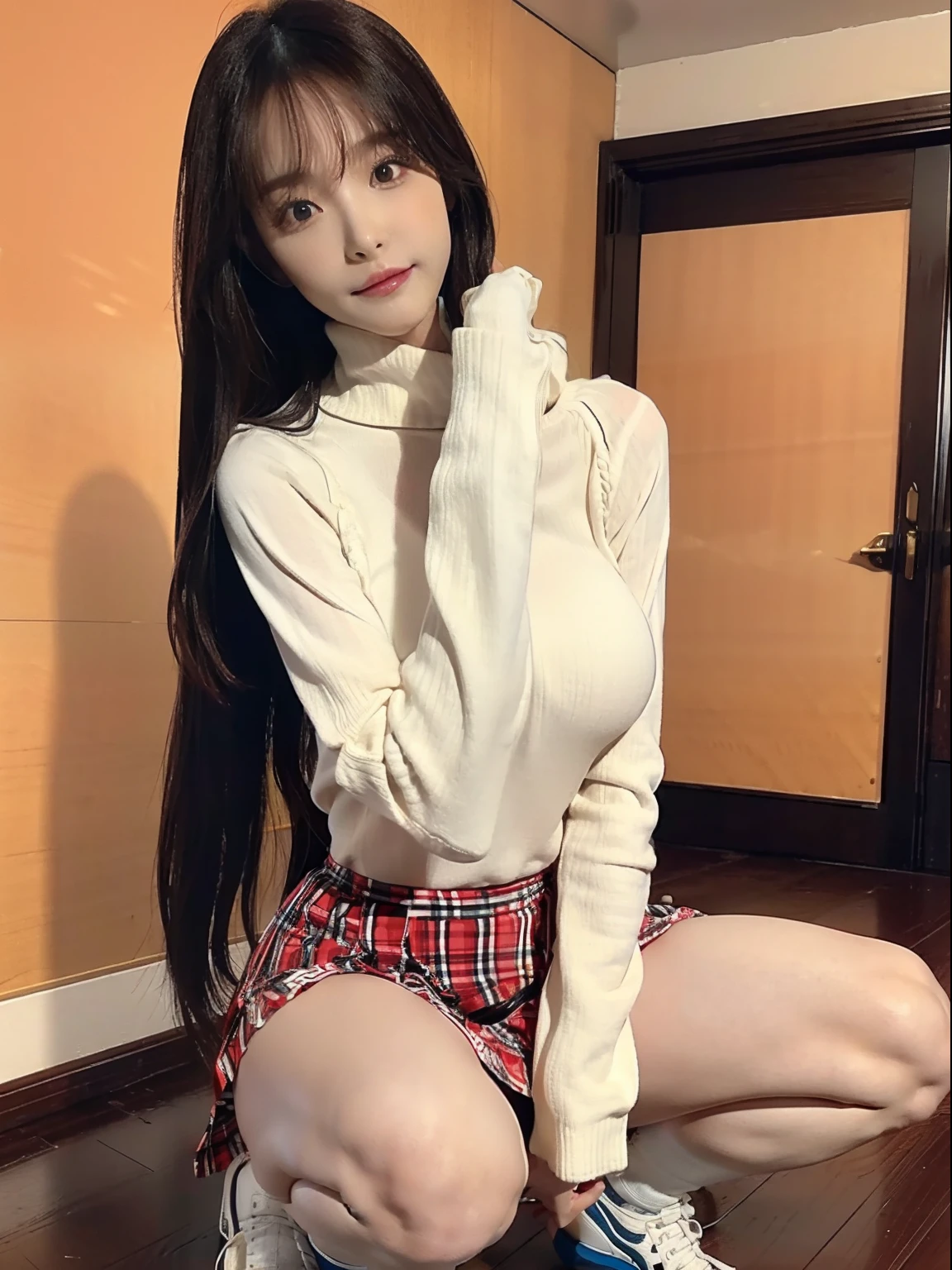 tmasterpiece, 人物:Real Human ((Best picture quality, 8K))1girll,female student,Raised sexy ,Squat,stripedskirt(realisticlying:1.3),Eyes look forward,((Large breasts:1.5)),long whitr hair,((Expose breasts exposed)) ,Small lips,(Shy:1.4)