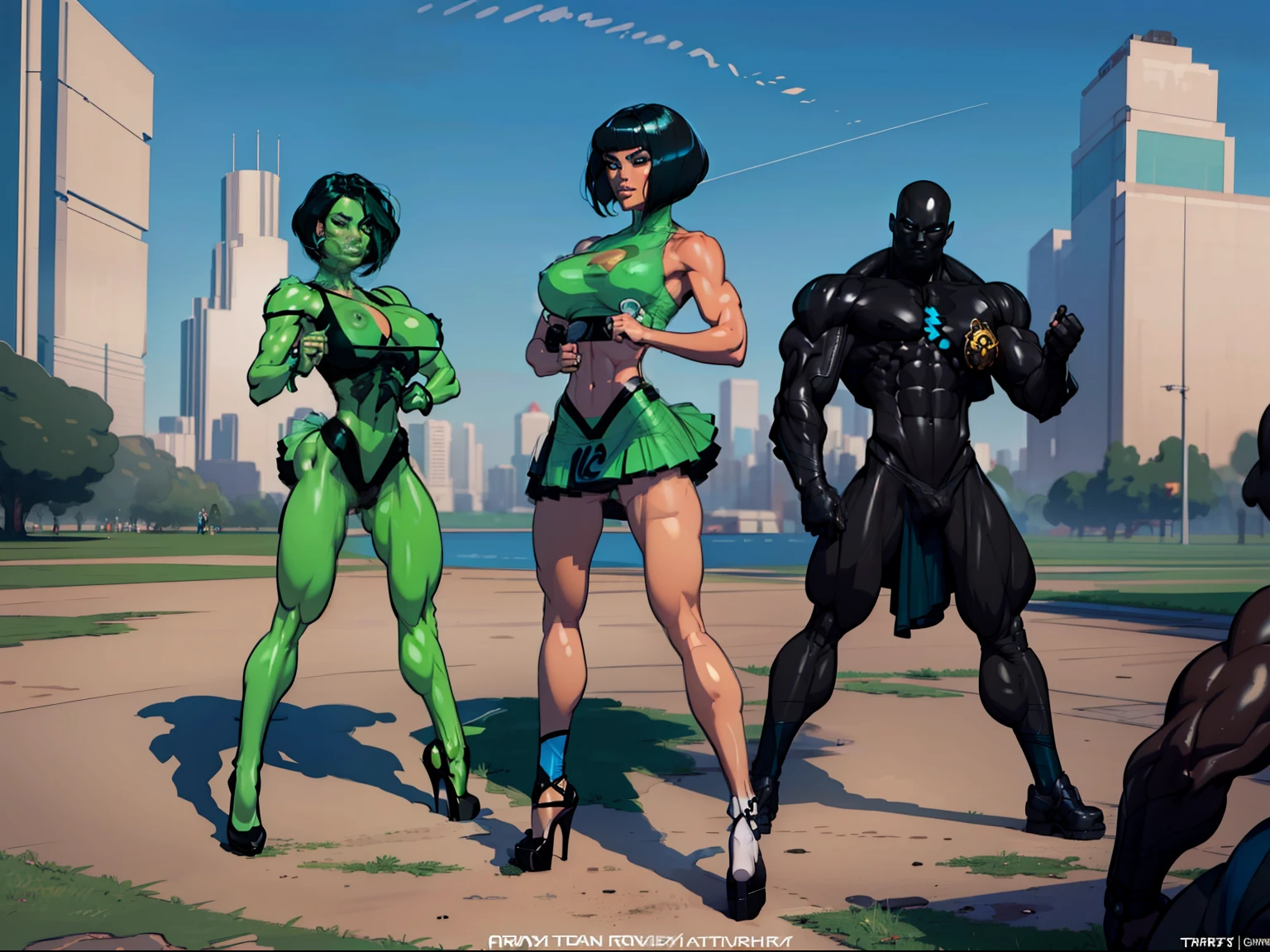 8k full body of powerpuff girls(white skin:1.1), 3 girls, blossom, buttercup, bubbles, 1boy, athletic green skin man, (standing:1.2), [green:man:10,20], (large pectorials:1.2), (blackblue hair:1.4), center, masculine male face, green man stands in Front of the power puff girls, ((digital world details)), woman’s face near man’s crotch, blonde female, redhead female, black hair female, (short hair:1.6), (large breasts:1.3), (squats:1.1) woman squats seductive, squats in front of man, watches man, ((back view)), beautiful woman background, girls wears skirts, villain man wears supervillain armor, highly detailed, people watching the couple in the background, majestic, digital art, art by artgerm and ruan jia and greg rutkowski, (masterpiece, sidelighting, finely detailed beautiful eyes: 1.2)