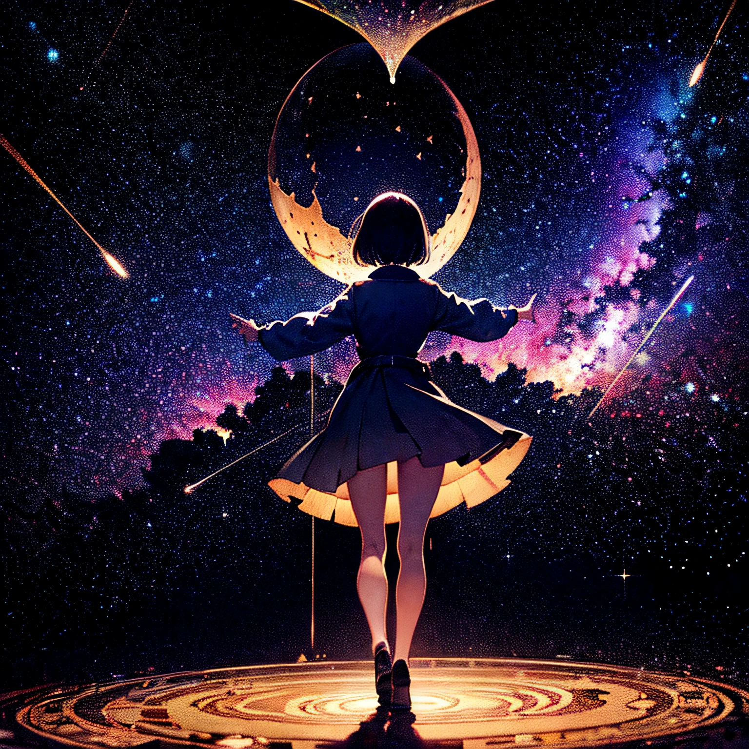 (best quality, masterpiece) high resolution, extremely detailed, detailed background, cinematic lighting, illustration, 1girl, solo, active pose, space theme, glowing hair, horology, time, hourglass, celestial, constellations, stars, starlight, bangs, bob, hugging own legs, (:0.7),