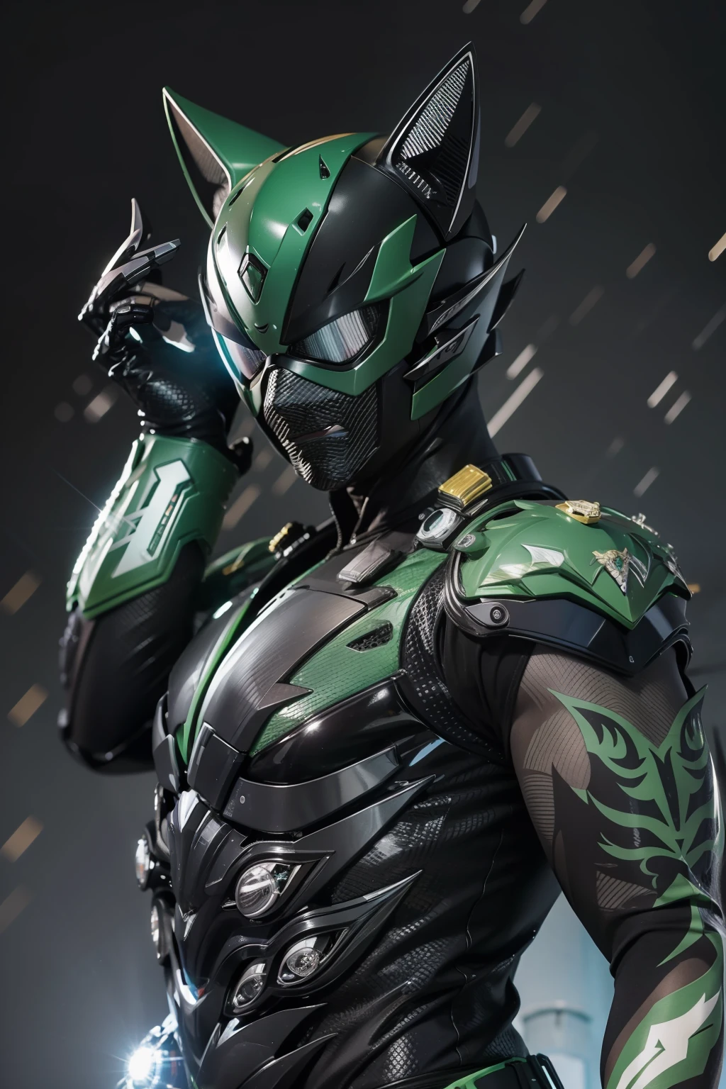 um kamen rider preto com o tema de jaguar e olhos verdes brilhantes
