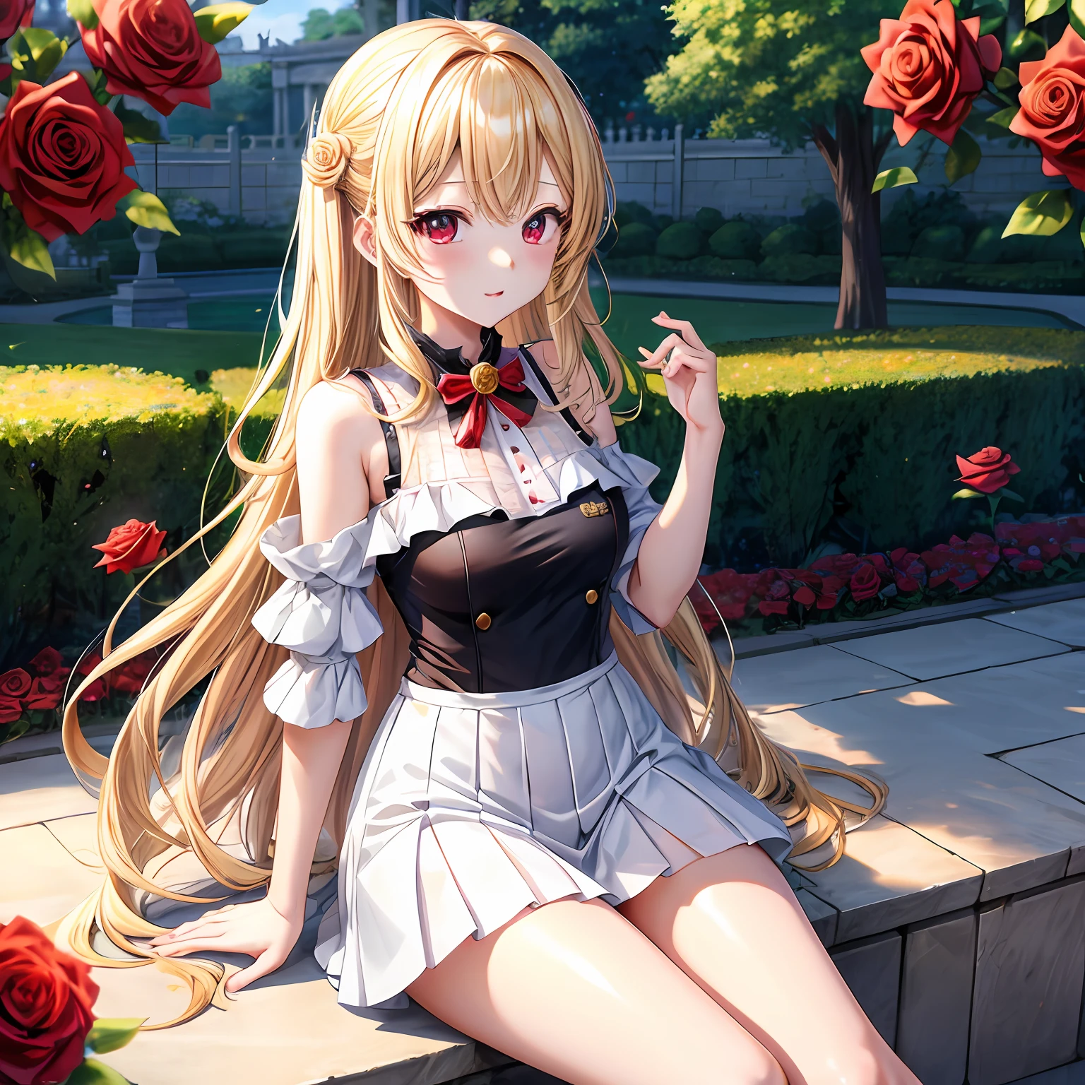 Wavy blonde、red eyes、One pretty girl、独奏、animesque、off shoulders、a miniskirt、rose garden