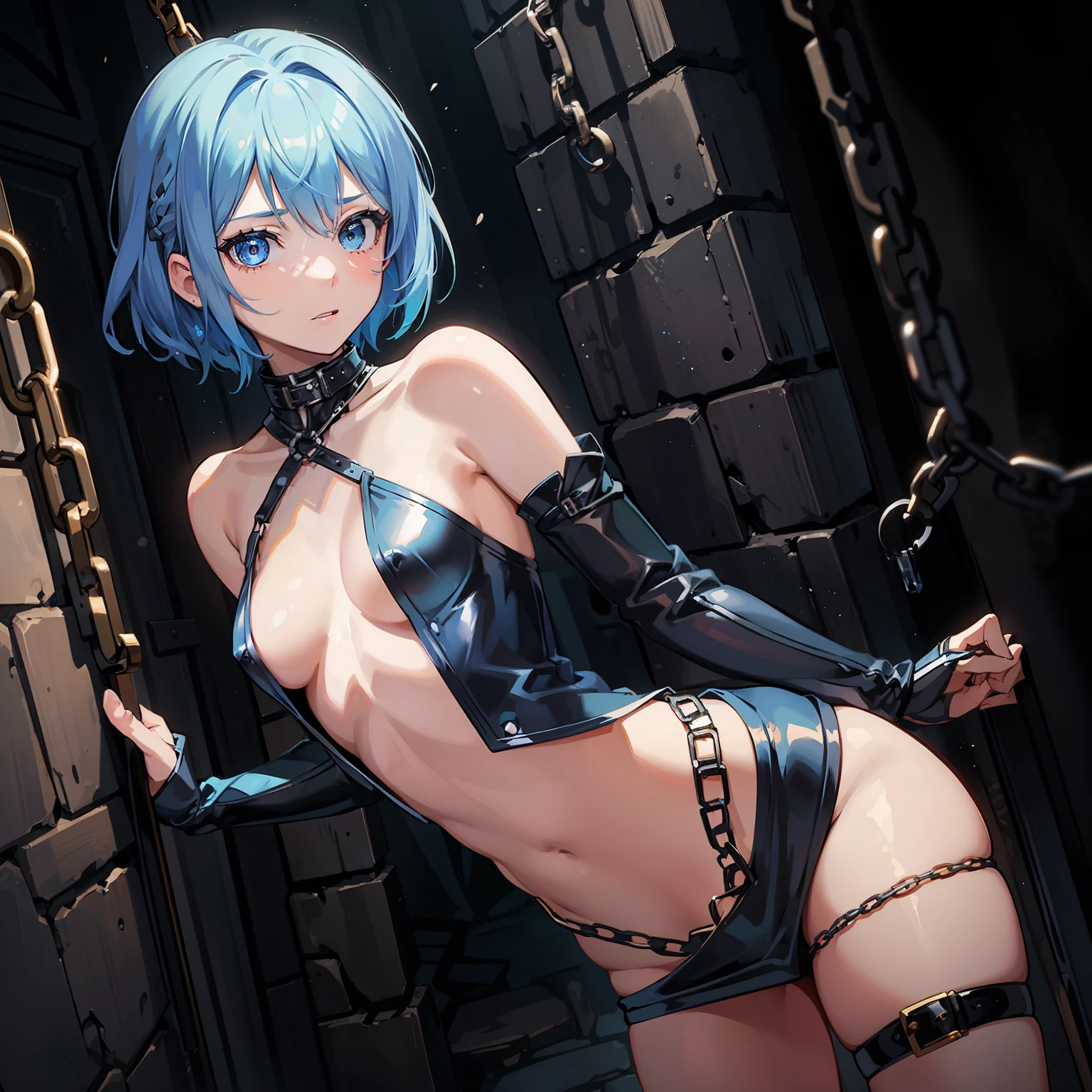 Young girl,short hair,blue hair,blue eyes,small breasts,short,tattered clothes,chains,fantasy,forest,slave dungeon cell,nsfw